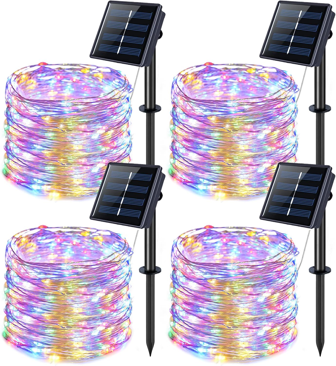 JMEXSUSS 4 Pack 100 LED Solar Christmas Lights, 33ft Solar String Lights Outdoor Waterproof, 8 Modes Multicolor Solar Fairy Lights for Garden Yard Tree Christmas Decorations