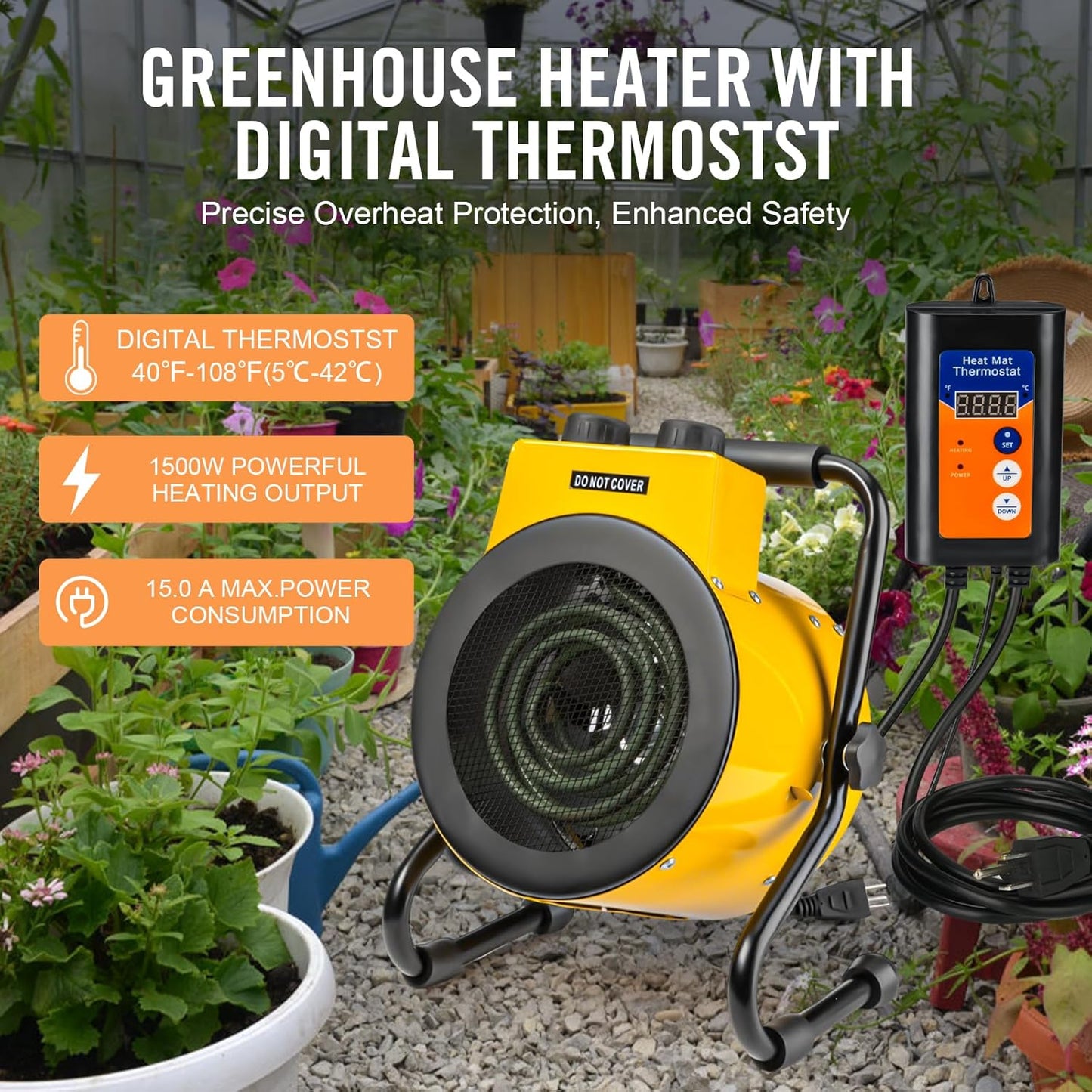 Greenhouse Heater with Digital Thermostat, Green House Heater for Plants,1500W Electric Grow Tent Heaters, Overheat Protection, Fast Heating for Green House, Flower Room, Yellow