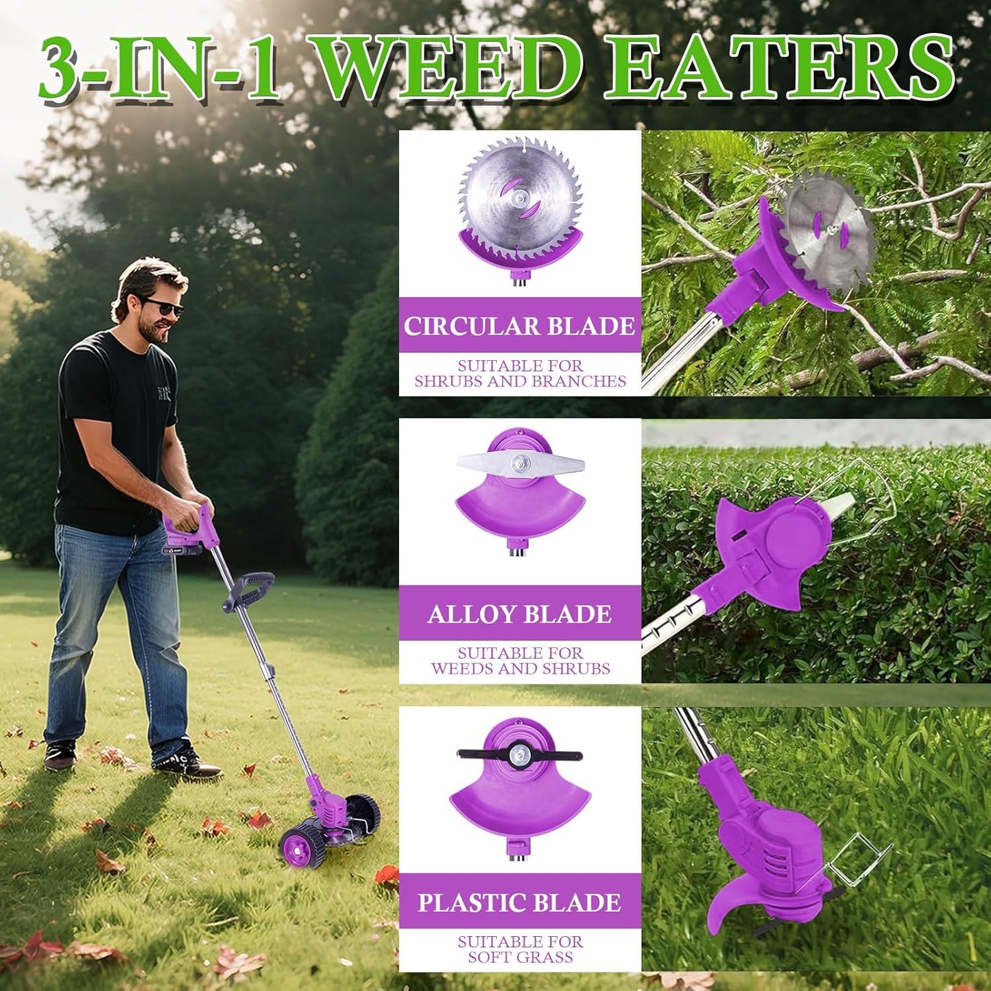 Weed Wacker Cordless Adjustable Weed Eaters 3 in 1 Electric String Trimmer Lawn with Two Battery with Charger Comes with Multiple Blades for Yard,Green,Garden(Purple)