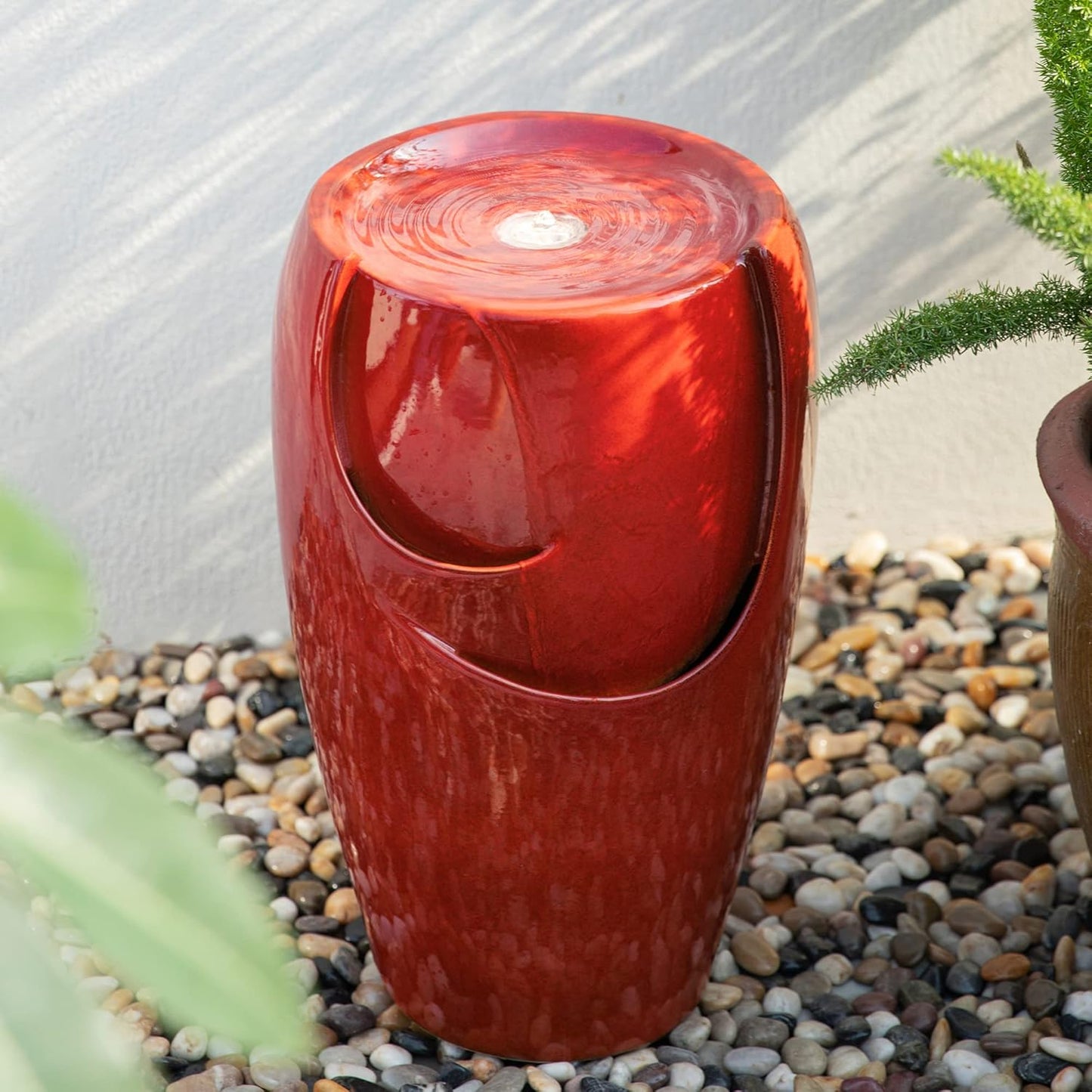 Glitzhome 21.25" H Ceramic Vase Outdoor Water Fountain Tall Patio Garden Water Fountain with LED Light and Submersible Pump Yard Art Decor, Red