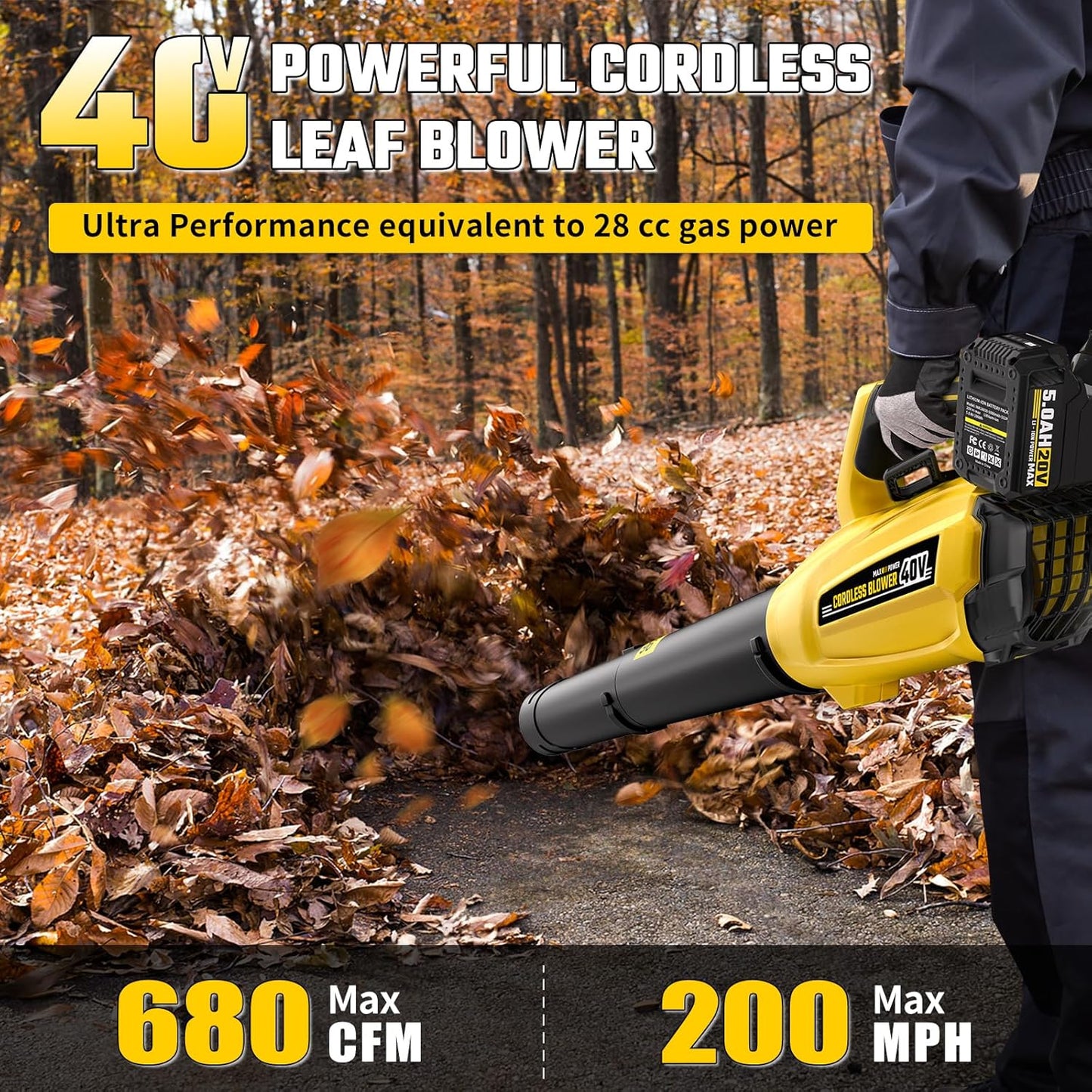 40V Leaf Blower Cordless with 2 X 5.0Ah Batteries and Charger, 40V Powerful Brushless Motor Up to 680CFM Blower for Lawn Care, 4-Variable Speed Turbo Mode with Power Boost