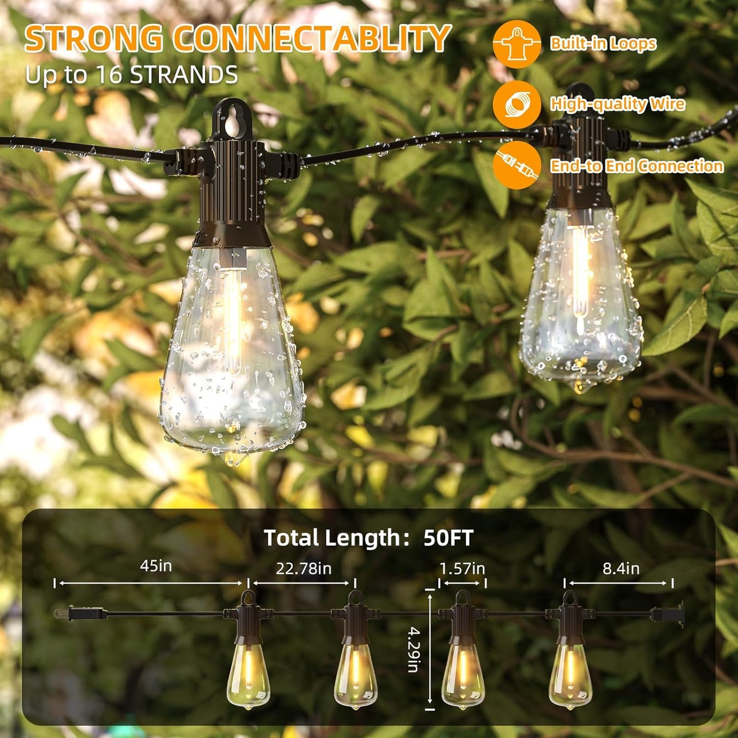 FOOMAN LED Outdoor String Lights, 50FT Outside Waterproof Patio Lights with 25+2 Shatterproof ST38 Edison Bulbs, 2700K Warm White Hanging Light, Dimmable Light for Backyard Garden Bistro Party