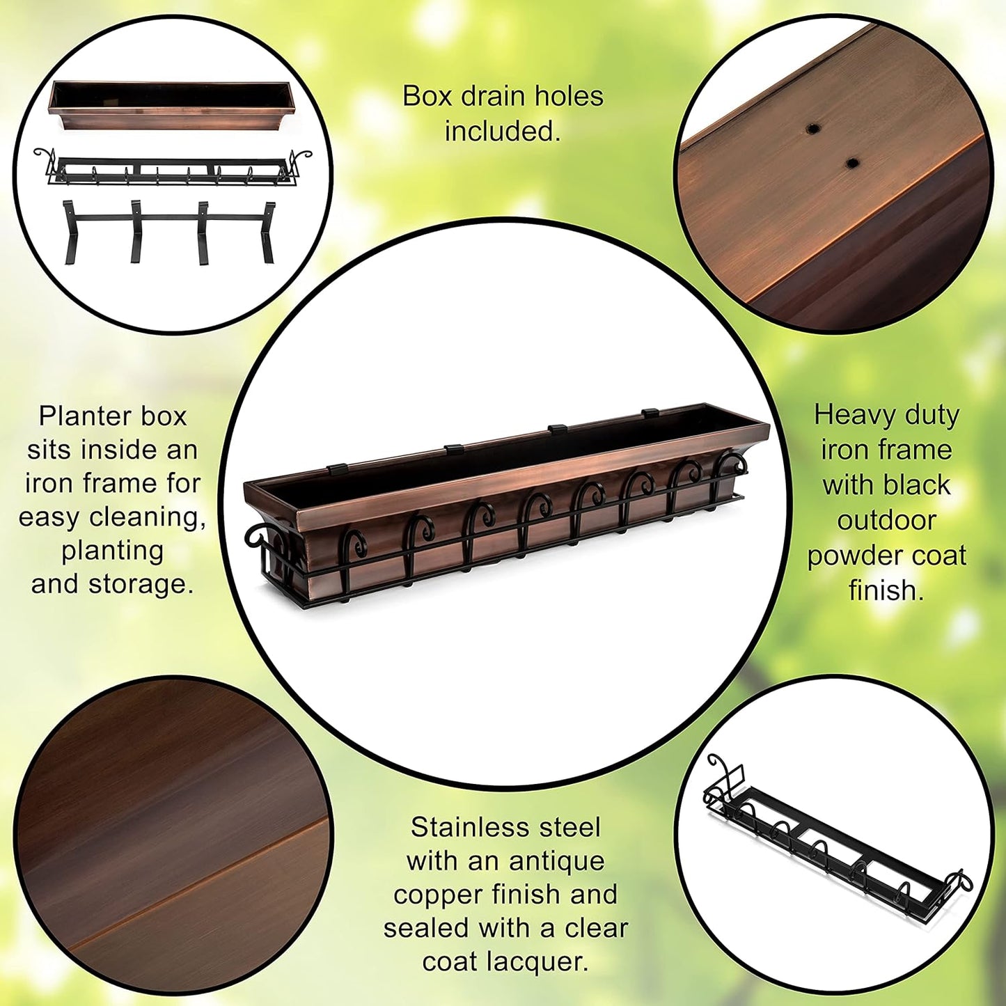 H Potter Window Planter Box Copper Outdoor Flower Plant Container for Windows Attach to House Deck Balcony Long Rectangular Shape 48 Inch Length GAR514B