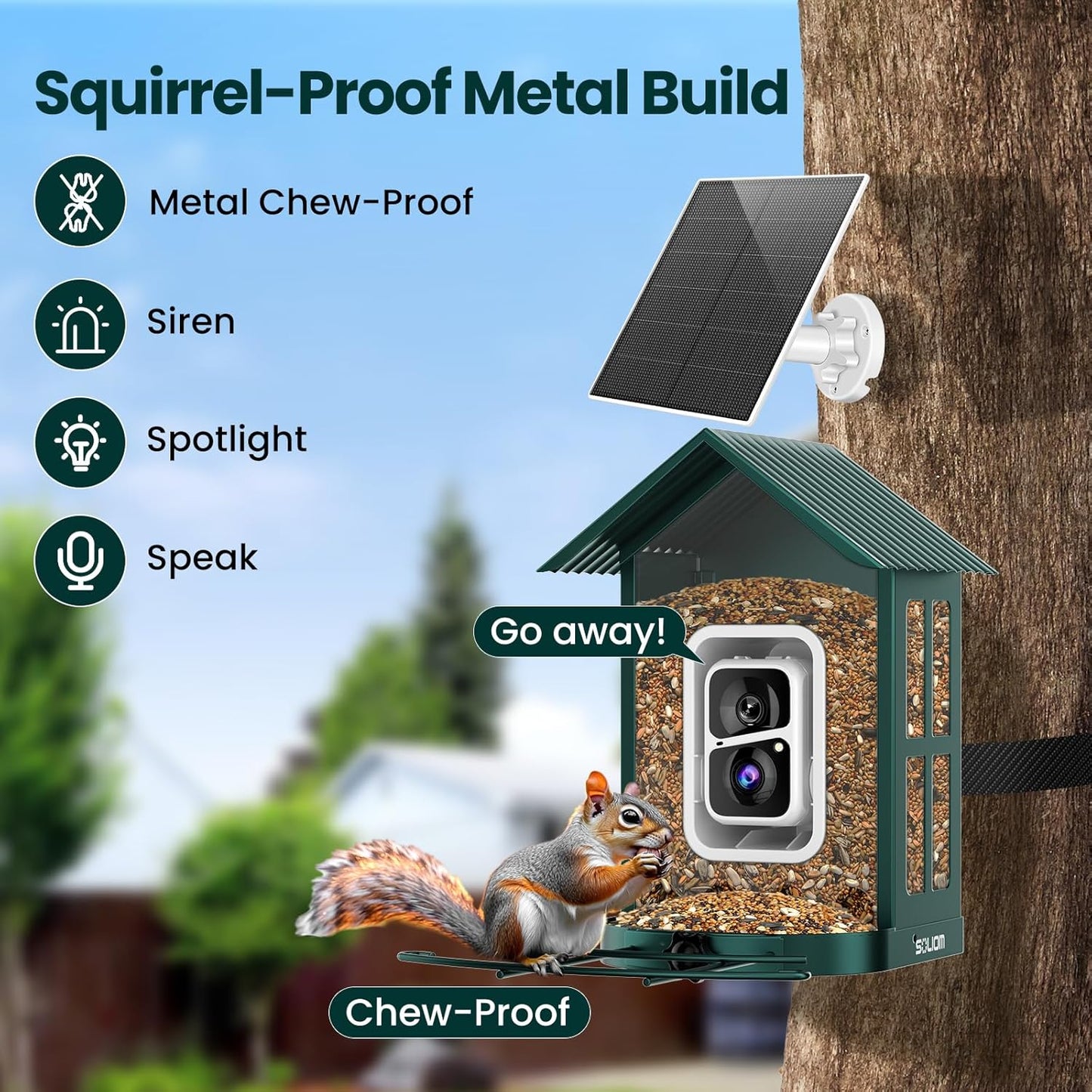 SOLIOM Solar Bird Feeder with Camera for Outdoors - AI Smart Birdhouse, 2K Live View & Instant Alerts, Squirrel Proof - Perfect Bird Watching Gift (Green)