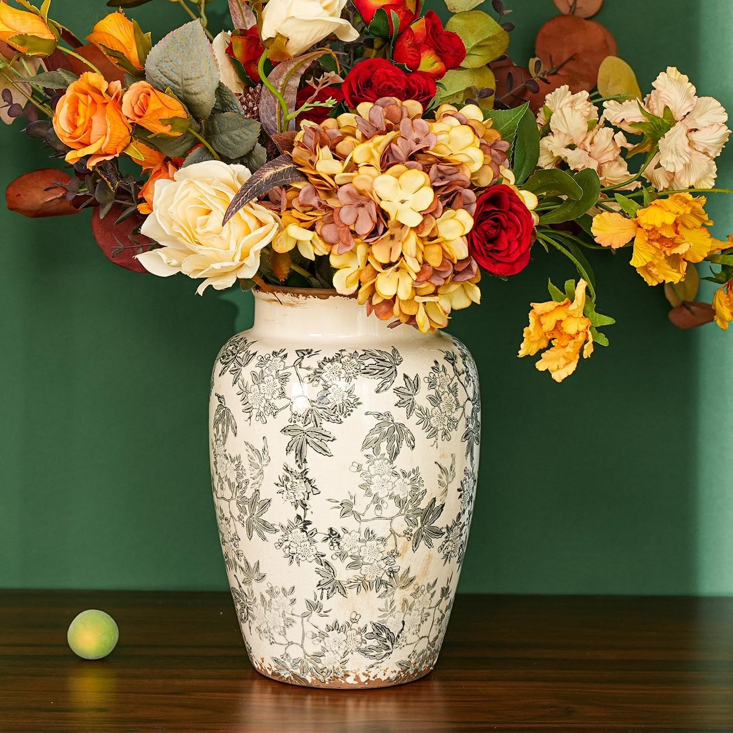 Sungmor Ceramic Flower Vase, Vintage Ice Cracked Glaze Porcelain Vase, Pretty Home Decor Vase for Flower Arrangement, Fresh Flowers, 10.2 Inch Tall Chinoiserie Pottery Vase, Gray Floral Pattern