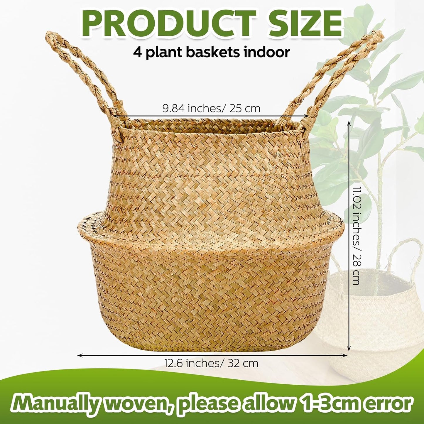 Qunclay Woven Seagrass Baskets Belly Basket Folding Boho Natural Plant Pot with Handles Round Decorative Wicker Large Indoor Planter for Home Outdoor Tree Planters Decor(12 x 11 Inch, 4 Pcs)