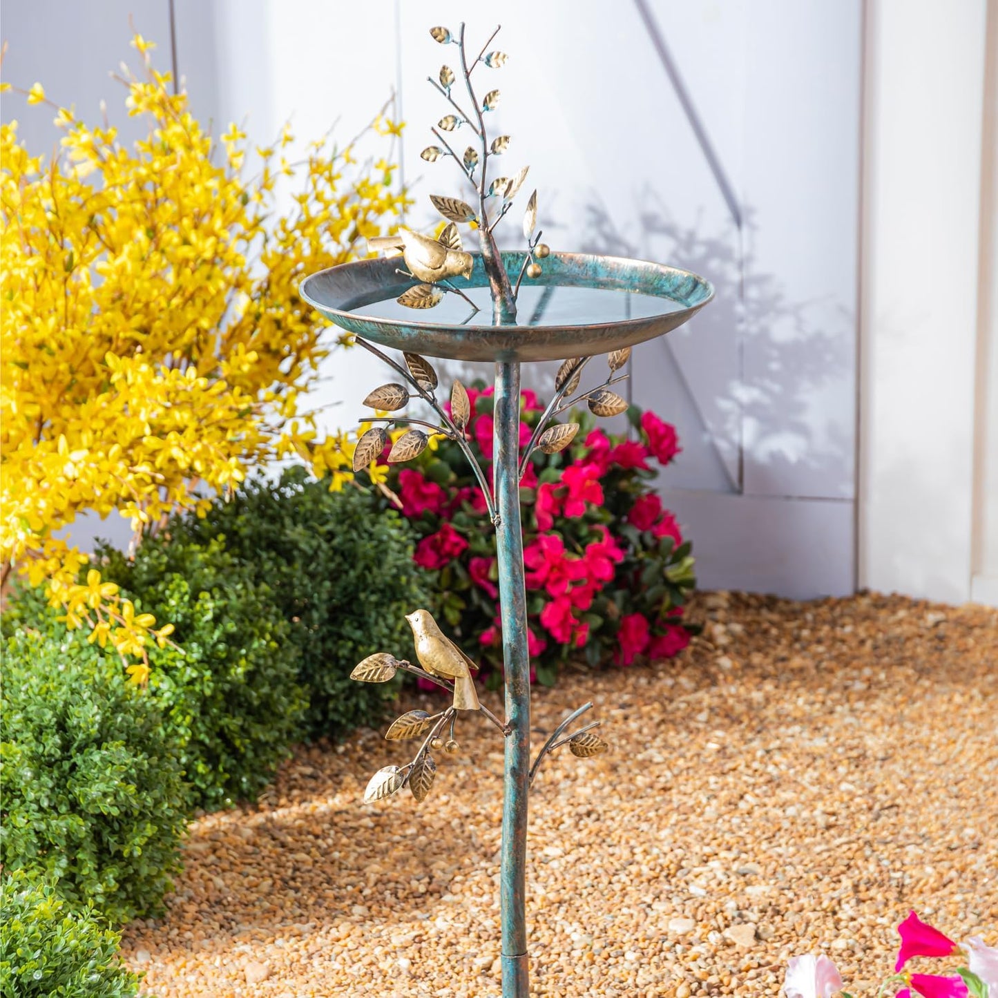 Evergreen Cast Metal Outdoor Garden Bird Bath and Feeder on Pedestal | Birds on Leafy Branch | 37.5 inches Tall | Antique Finish | Round Bowl Outside Rustic Decor Patio Porch Deck