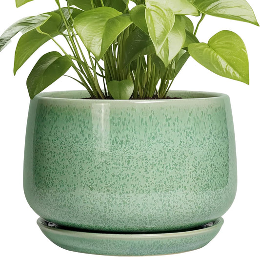 G EPGardening Ceramic Planter - 9 Inch Plant Pot with Drainage Hole and Saucer, Modern Round Planter, Flower Pot for Indoor Outdoor Plants, Garen House Room Decor, Housewarming Gifts, Green