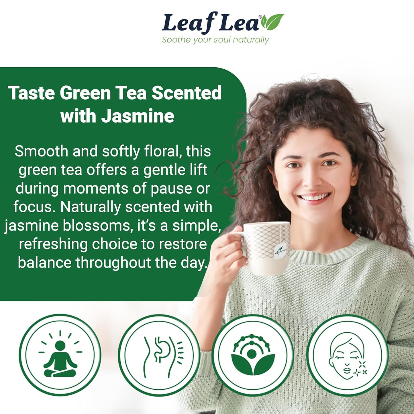 LeafLea 40 Jasmine Green Tea Bags, Premium Green Tea Scented with Jasmine Flowers for Gentle Support & Light Alertness, Floral Smoothness, Caffeinated, Sugar-Free, Non-GMO, Vegan, Individually Wrapped