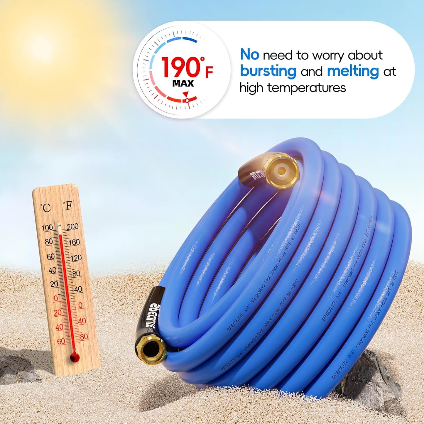 Hot/Cold Garden Water Hose 100 ftx 3/4 in, -50℉ To 190℉, Heavy Duty, Flexible, Burst 605 Psi, Lightweigh, Upgraded Rubber Pipe with 3/4" Brass Fittings For Backyard, Outdoor, Farm, Blue