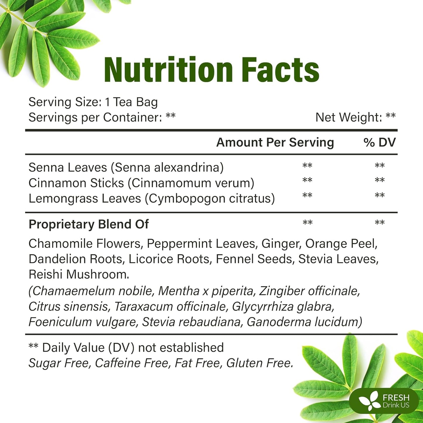 FreshDrinkUS, Evening Time Detox Herbal Tea – 30 Tea Bags – Caffeine-Free Blend with Senna, Peppermint, Chamomile, Licorice, Ginger, Reishi Mushroom – Relaxing Herbal Infusion – Non-GMO & Natural