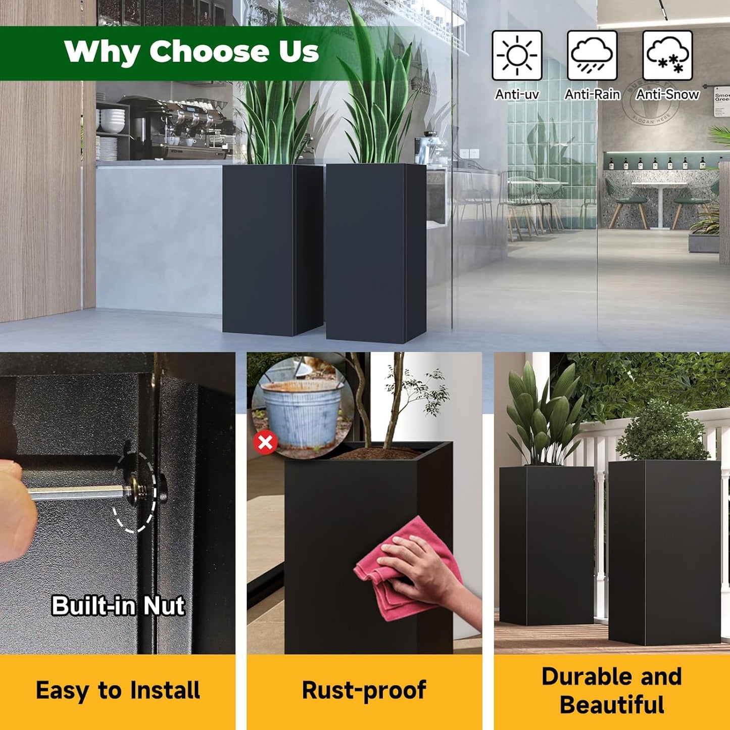 Galvanized Steel Metallic Heavy Planter for Outdoor Plants Metal Planters Box 14"x14"x30" Spliced Flower Planter with Partitions for Outside,Indoor,Garden (Black, 14 * 14 * 30)