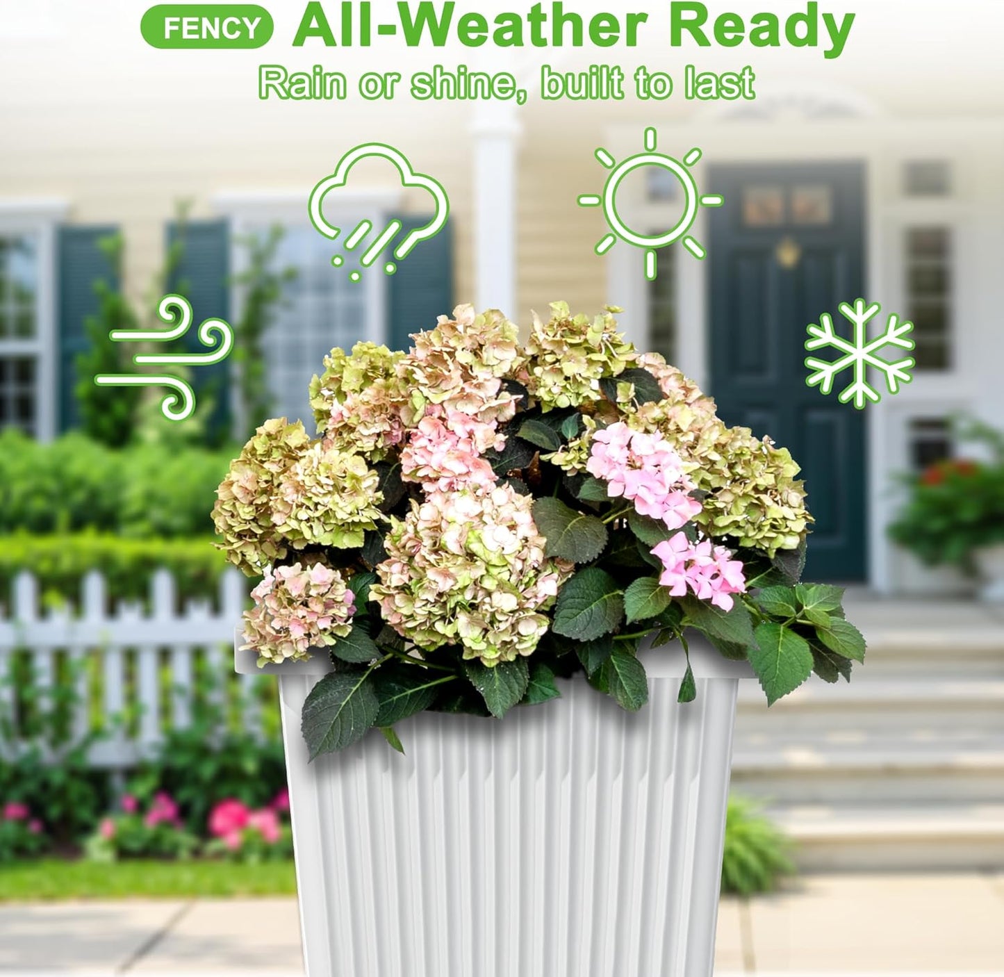 FENCY Set of 2 Tall Planters for Outdoor Plants, 24 Inch Large Tapered Pots with Drainage Trays, Weather-Resistant Plastic Plant Containers for Patio, Porch, Garden, Front Door Decor,White, Striped