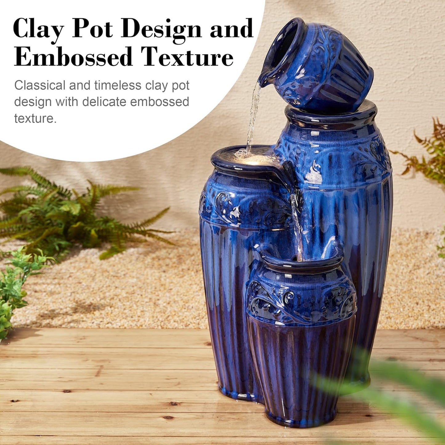 Glitzhome 27.25" H Outdoor Garden Water Fountain with LED Lights and Pump, 4 Tier Cobalt Blue Embossed Pattern Ceramic Pots Cascading Floor Standing Fountain for Porch Deck Patio Backyard Decoration