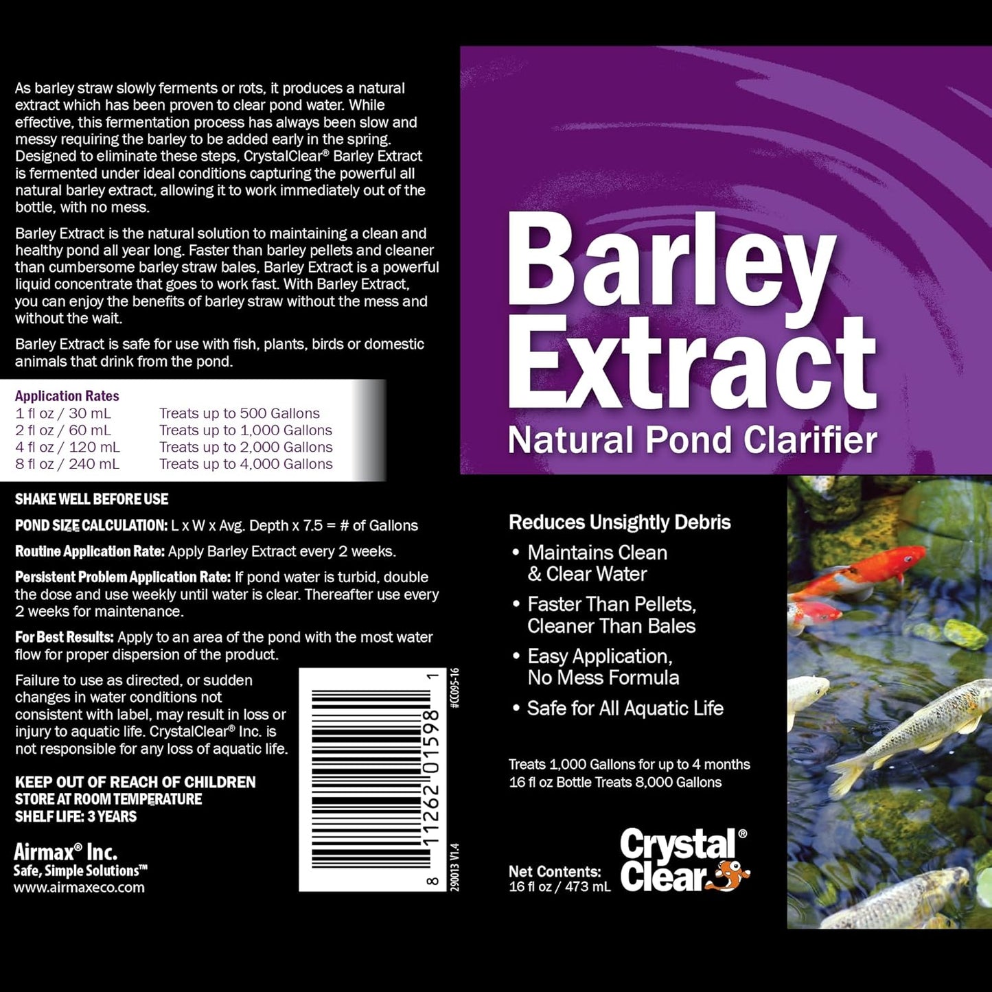 CrystalClear Barley Extract Water Garden & Fountain Clarifier, Natural Liquid Concentrate to Treat Cloudy Ponds, Koi Fish, Plant & Pet Safe, 16 Ounces