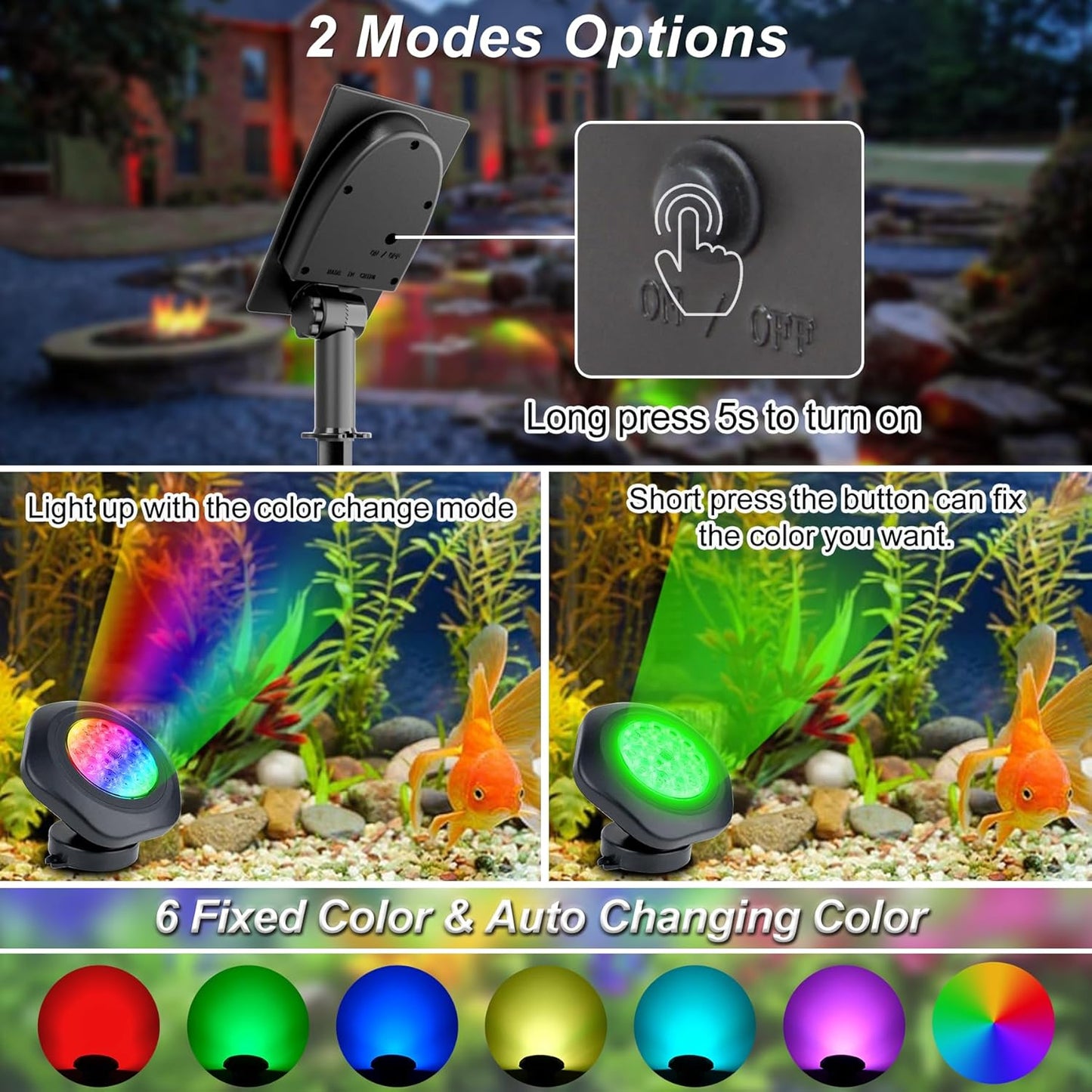 Solar Pond Lights, 18 LED Super Bright RGB LED Underwater Spotlights Color Changing Submersible Pond Light IP68 Waterproof Fountain Lights for Fish Aquarium Tank Garden Yard Pool (5-in-1)