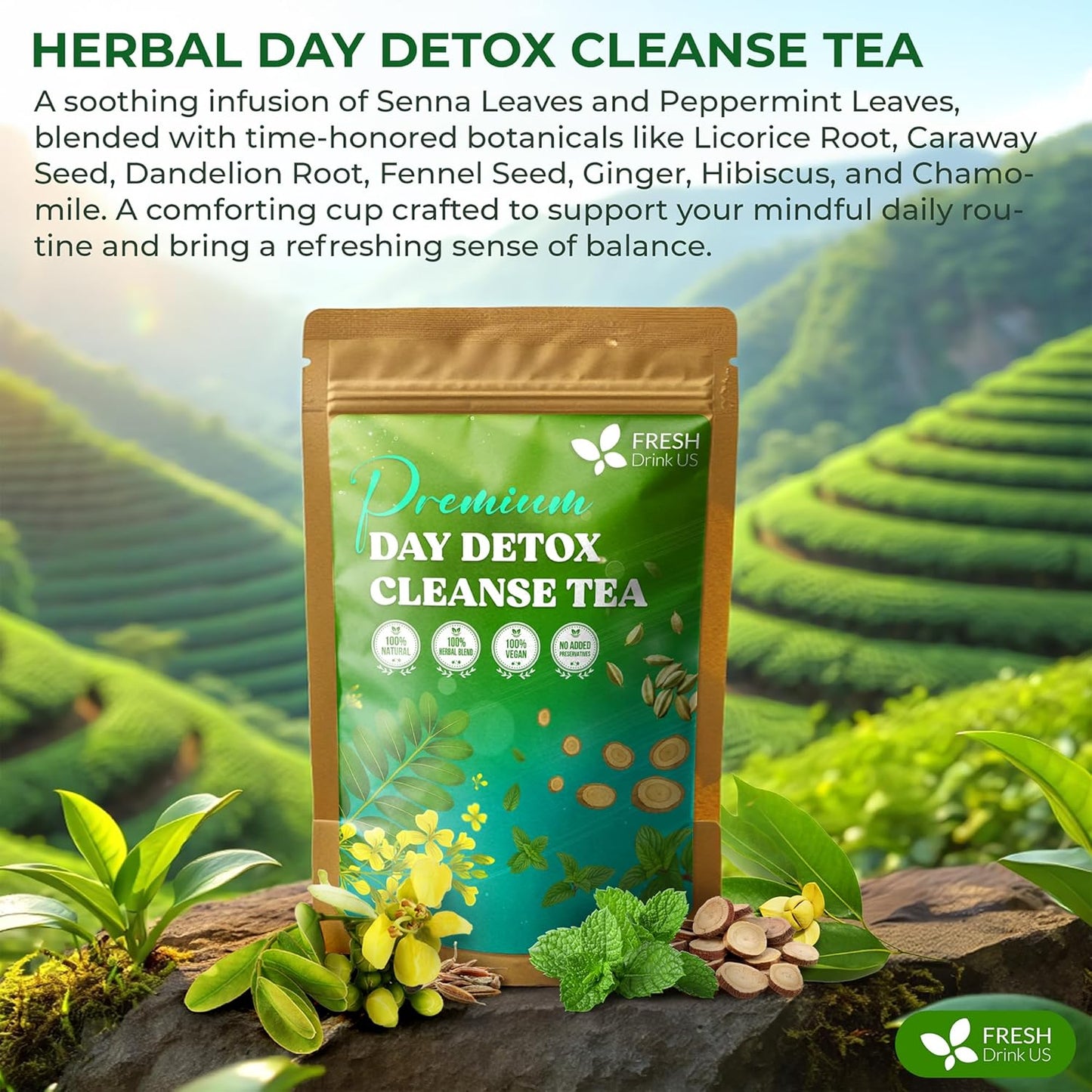 FreshDrinkUS, 30 Teabags of Herbal Day Cleanse Tea – 30 Day Program | Refreshing Mint Blend with Dandelion, Senna & Hibiscus | Naturally Supports Wellness & Light-Feeling | Caffeine-Free Herbal Tea