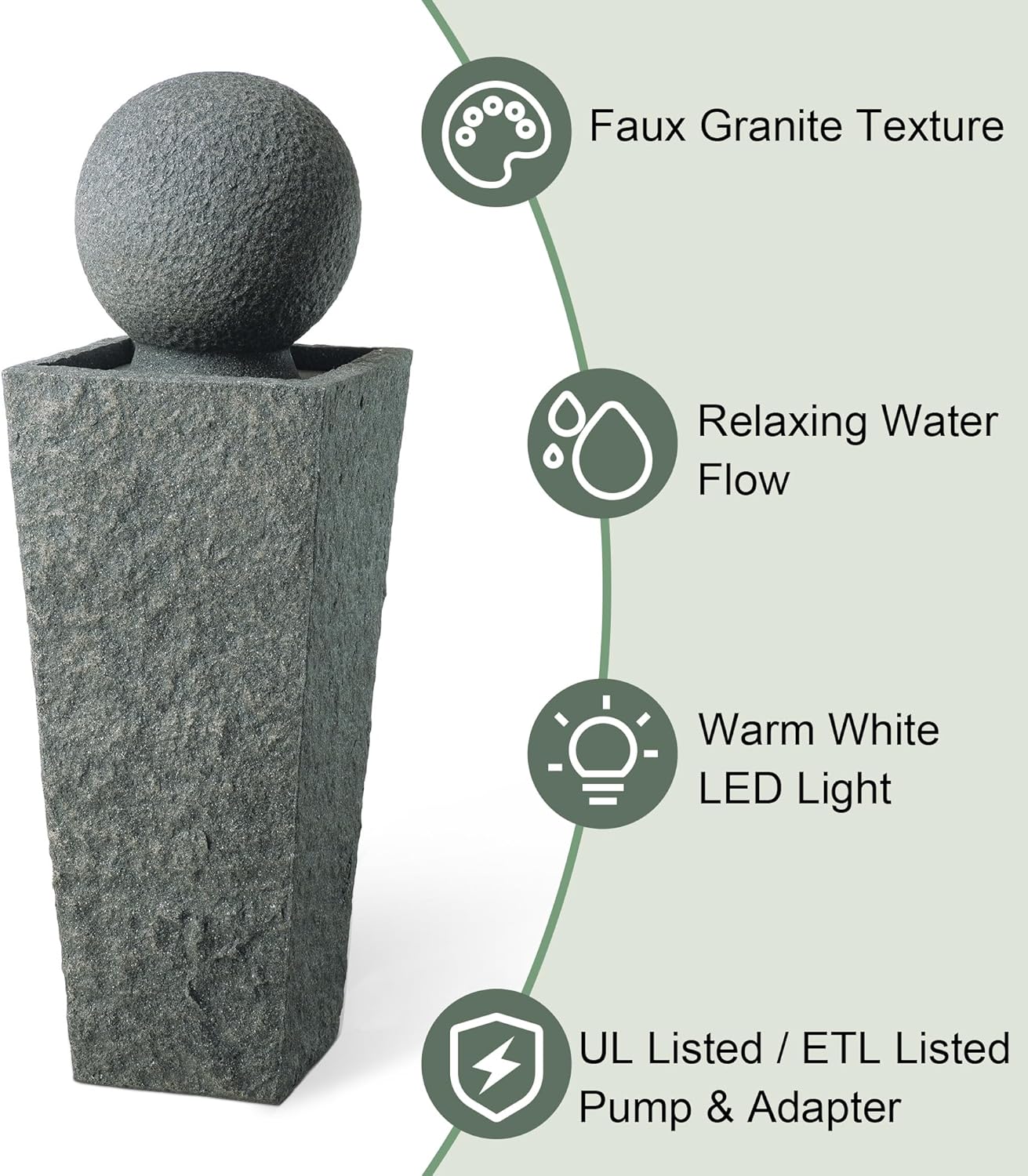 Glitzhome Outdoor Water Fountain with LED Light, Oversized Modern Sphere Pedestal Water Fountain with Submersible Pump, Outdoor Fountains Garden Waterfall for Patio Deck Porch, 40.25" H