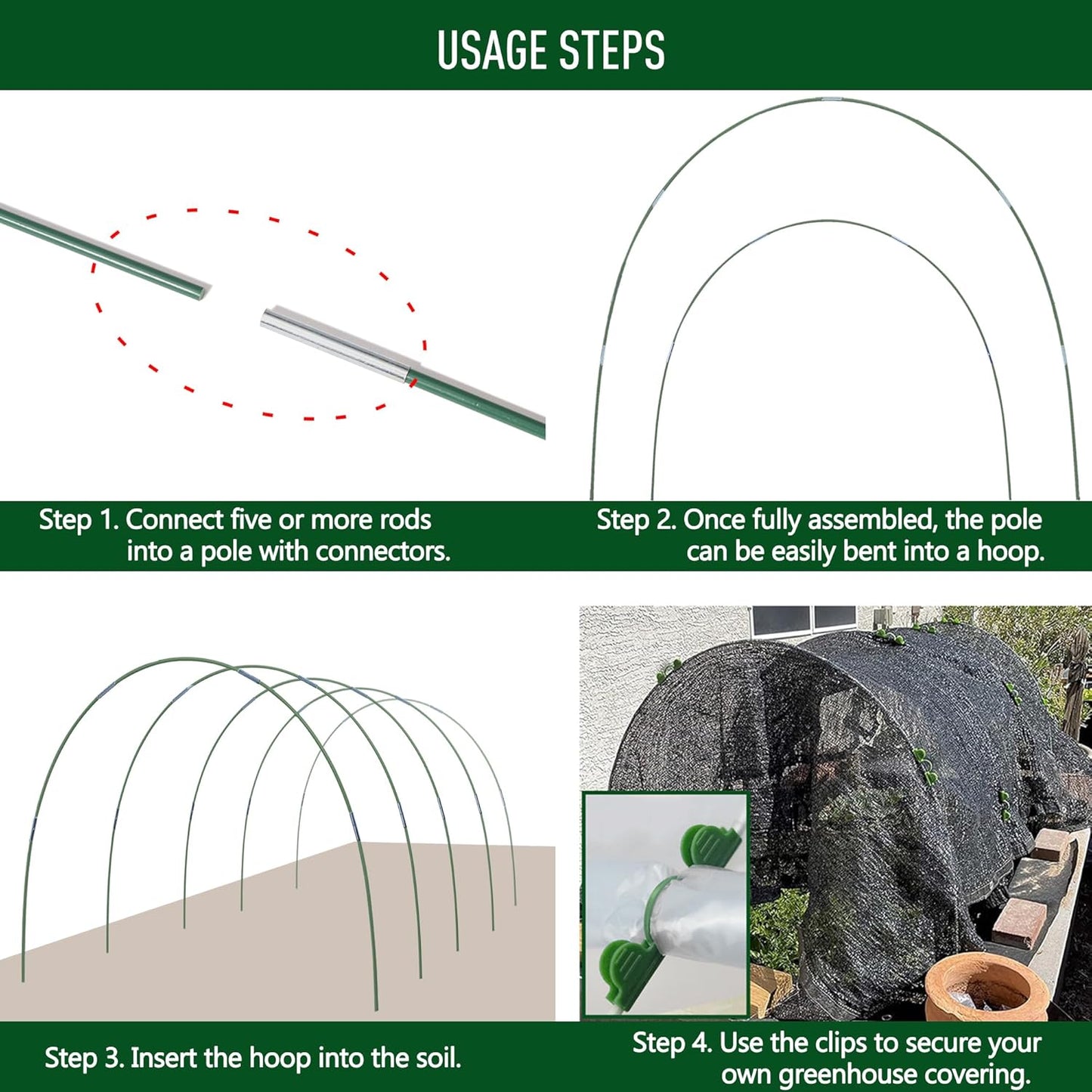 MAXPACE Greenhouse Hoops for DIY 2.7ft or Wider Grow Tunnel, Rust-Free Fiberglass Support Hoops Frame for Garden Fabric, Plant Support Garden Stakes, Gardening Supplies, 25pcs
