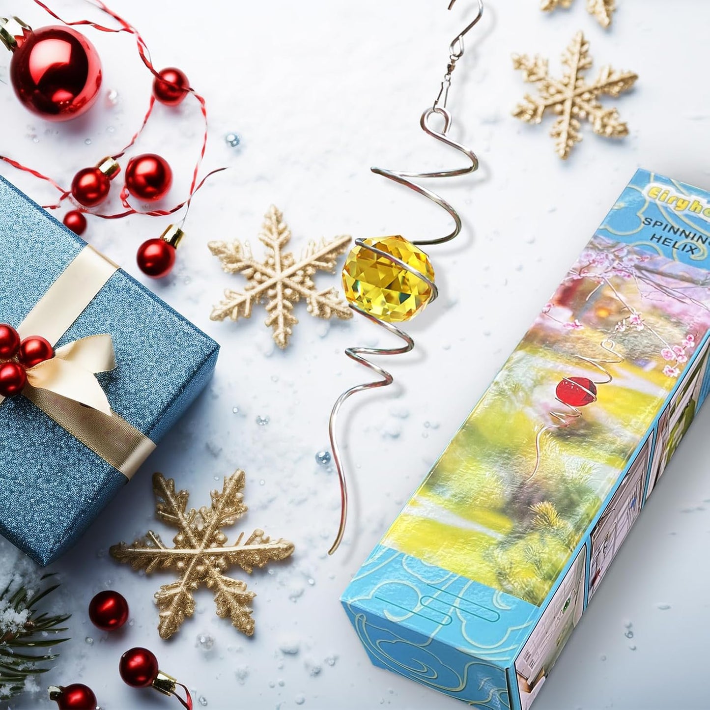 Gazing Ball Spiral Wind Spinner Tail - Golden Crystal Glass Ball | Wind Spinners Stabilizer with S Hook | Hanging Rotating Art for Garden Patio Indoor/Outdoor Creative Ornament & Gift, 13in