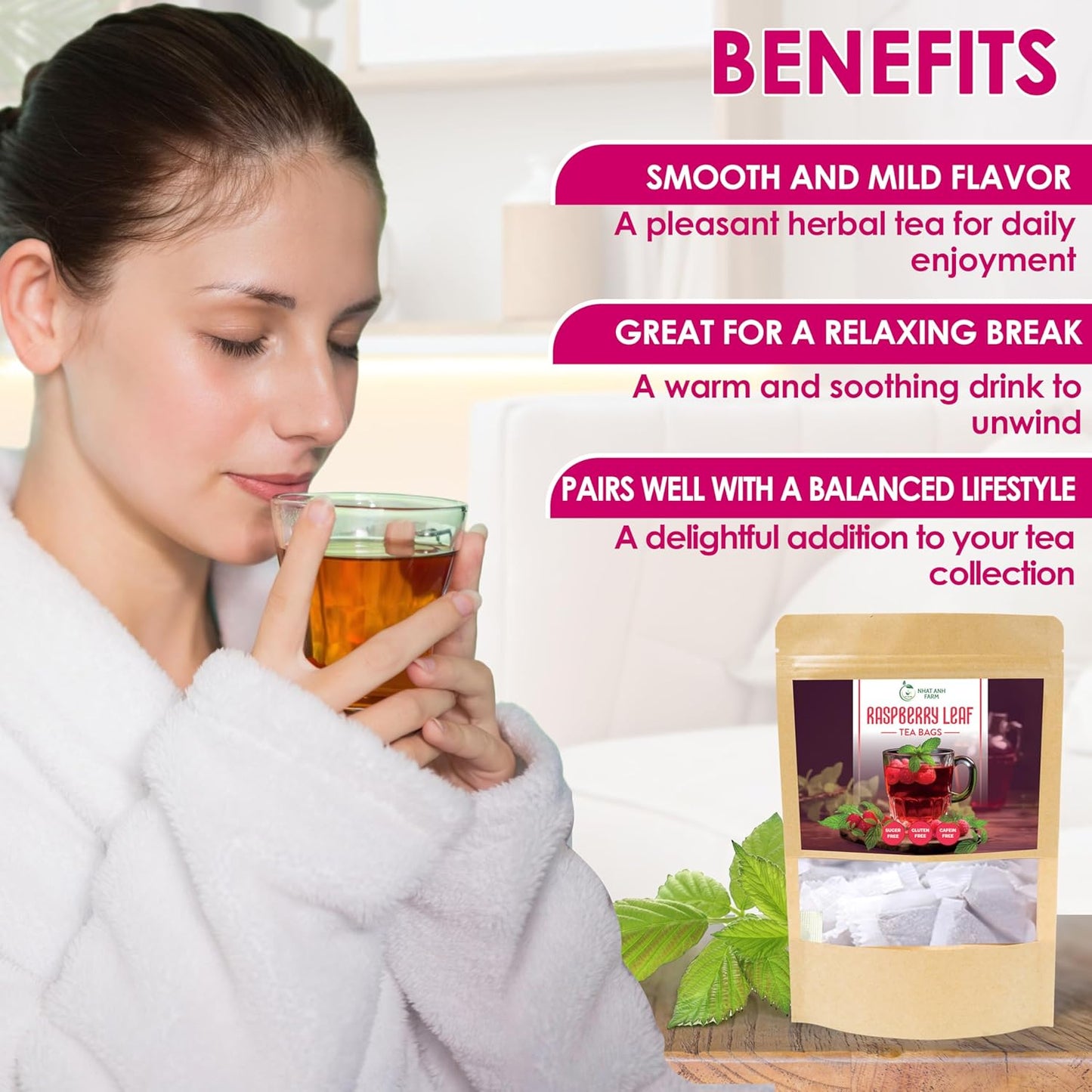 Nhat Anh Farm - Premium Red Raspberry Tea Bags - 40 Dried Red Raspberry Leaf Tea Bags, 100% Natural & Pure Raspberry Leaf, Sugar/Caffeine/Gluten Free. Good For Female Health.