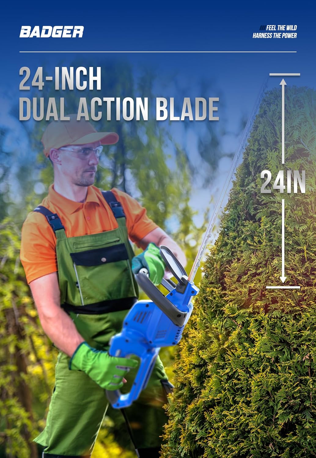 WILD BADGER POWER Hedge Trimmer 40V 24” Cordless, Powerful Electric Hedge Trimmer, 2.0Ah Battery and Charger Included