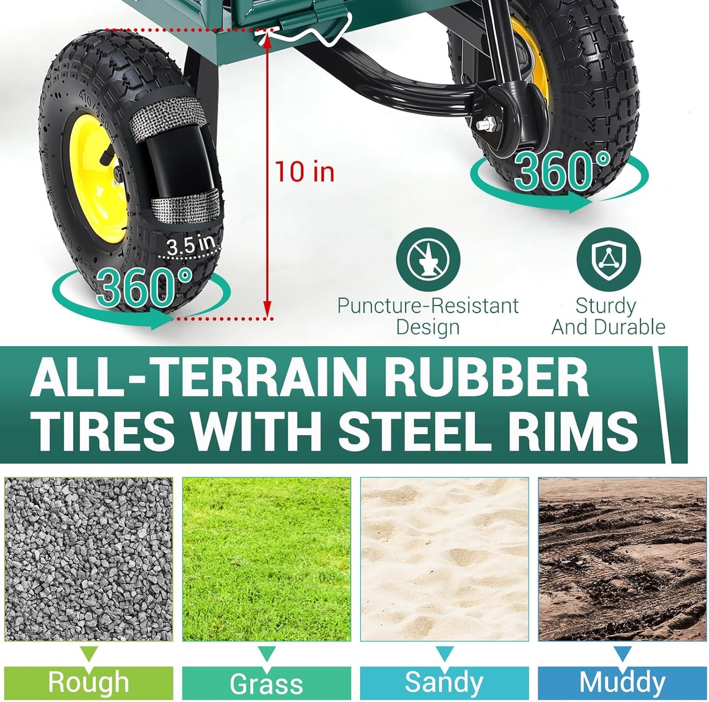 Heavy Duty Steel Garden Cart, 880LBS Pullable Metal Garden Wagon with 10" Wheels, 180° Rotating Handle and Removable Sides for Outdoor, Farm, Yard, Beach ﻿