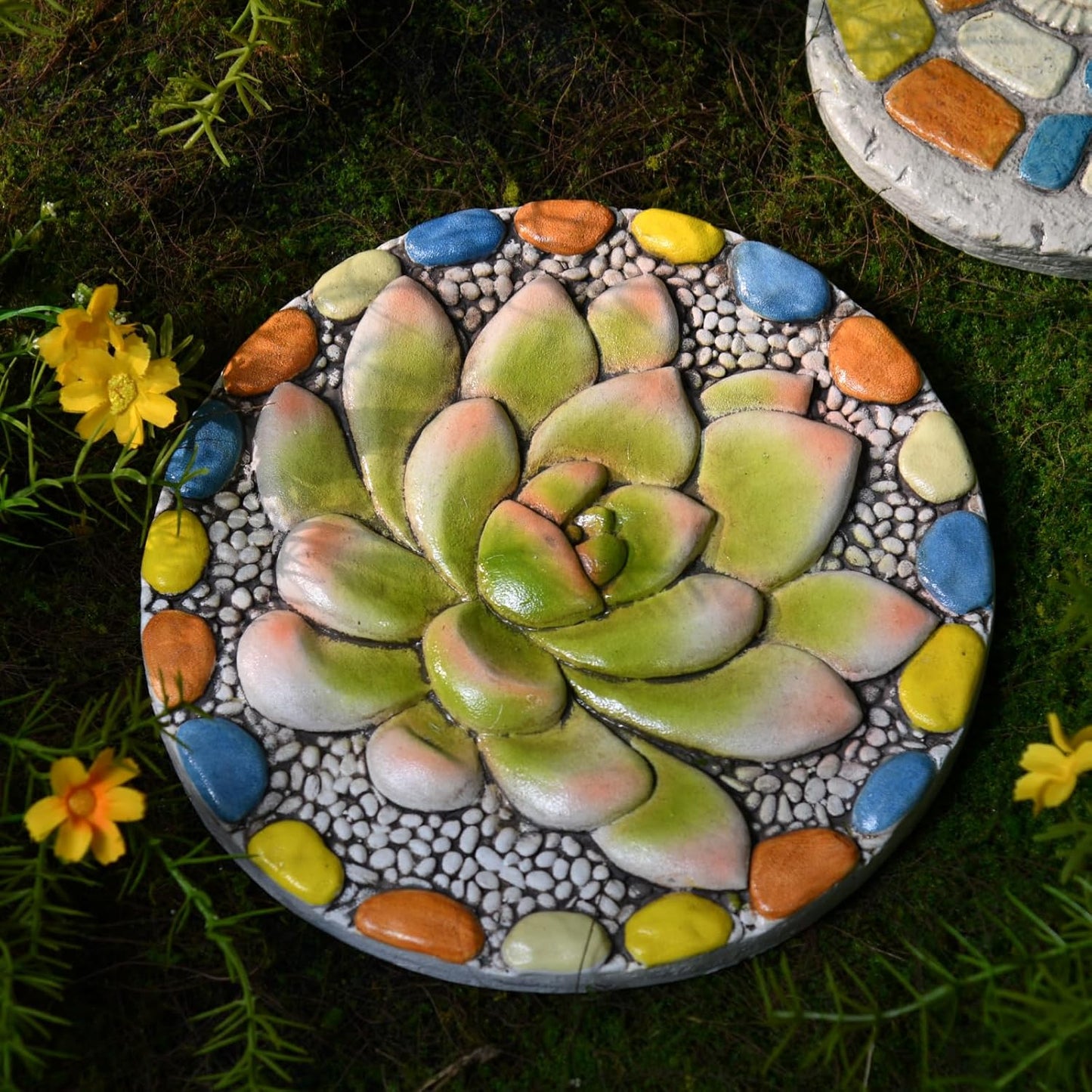 Succulent Pattern Cement Stepping Stones - Outdoor Pavers for Walkway, Multicolored Decorative Stone for Garden, 0.75 x 10 x 10 Inch
