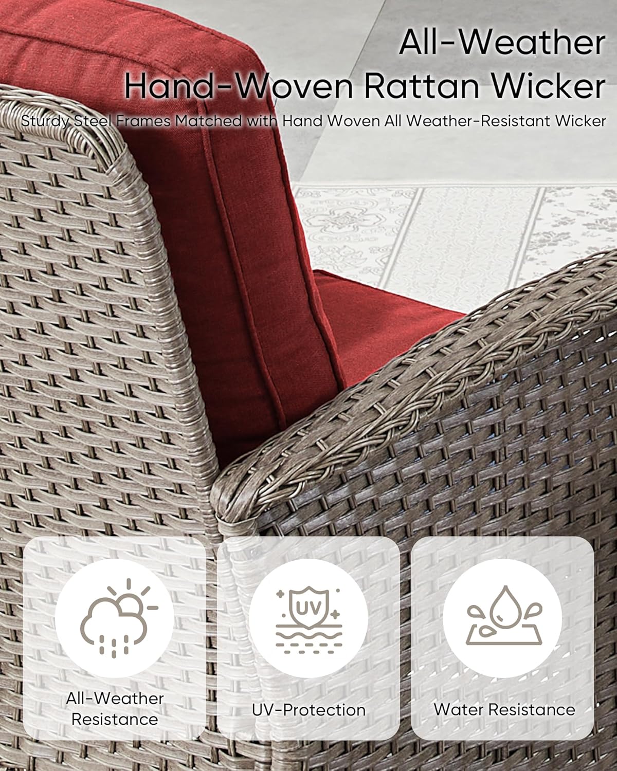 HUMMUH 7 Pieces Wicker Patio Conversation Set Outdoor Glider Loveseat with Patio Swivel Rocking Chairs Outdoor Patio Set for Deck Lawn Porch Balcony Poolside-Grey/Red