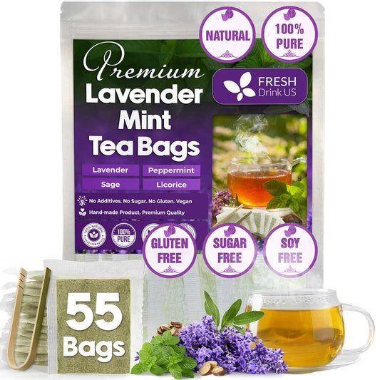 FreshDrinkUS, Premium 55 Tea Bags Lavender Mint Tea, 100% Natural, Blend of Lavender, Peppermint, Sage and Licorice. Made with Natural Material Tea Bags. No Sugar, No Caffeine, Vegan.