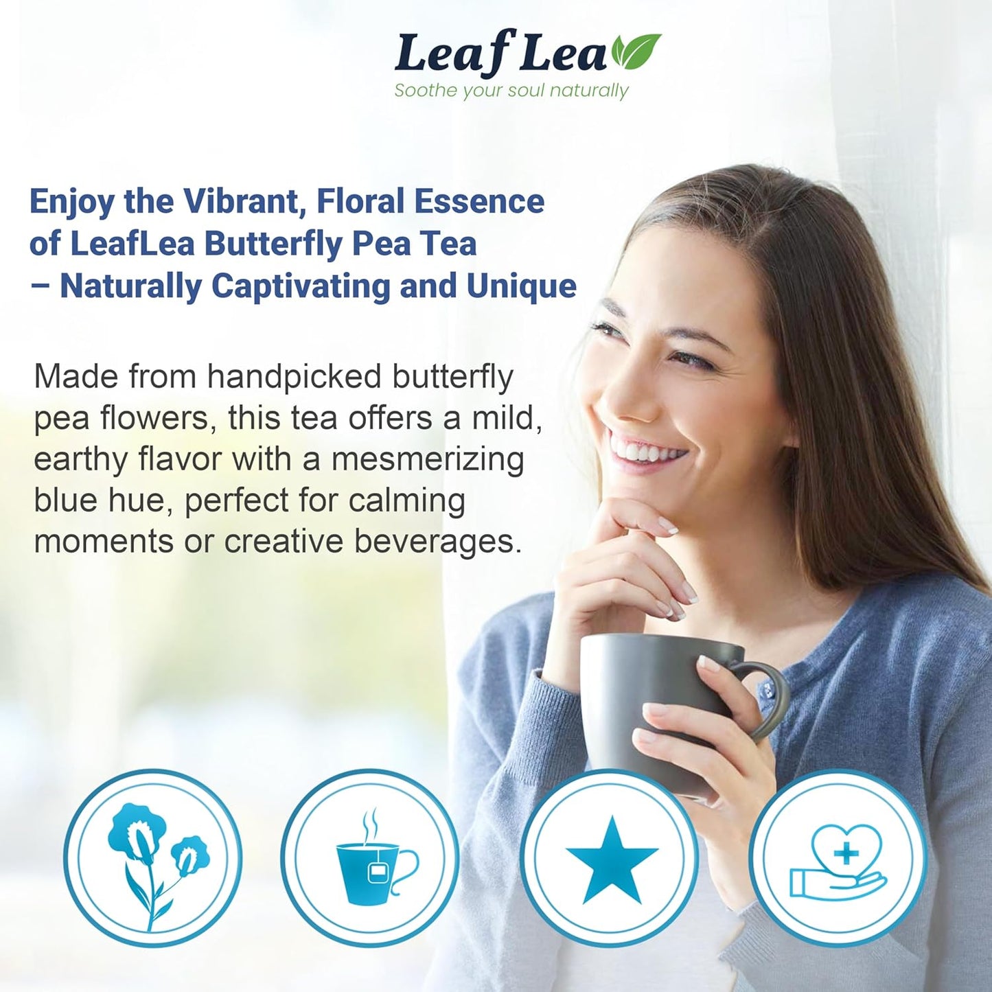 LeafLea 40 Butterfly Pea Flower Tea Bags, Herbal Flower Tea for Relaxation, Mocktails, and Natural Food Coloring, Caffeine-Free, Sugar-Free, Non-GMO