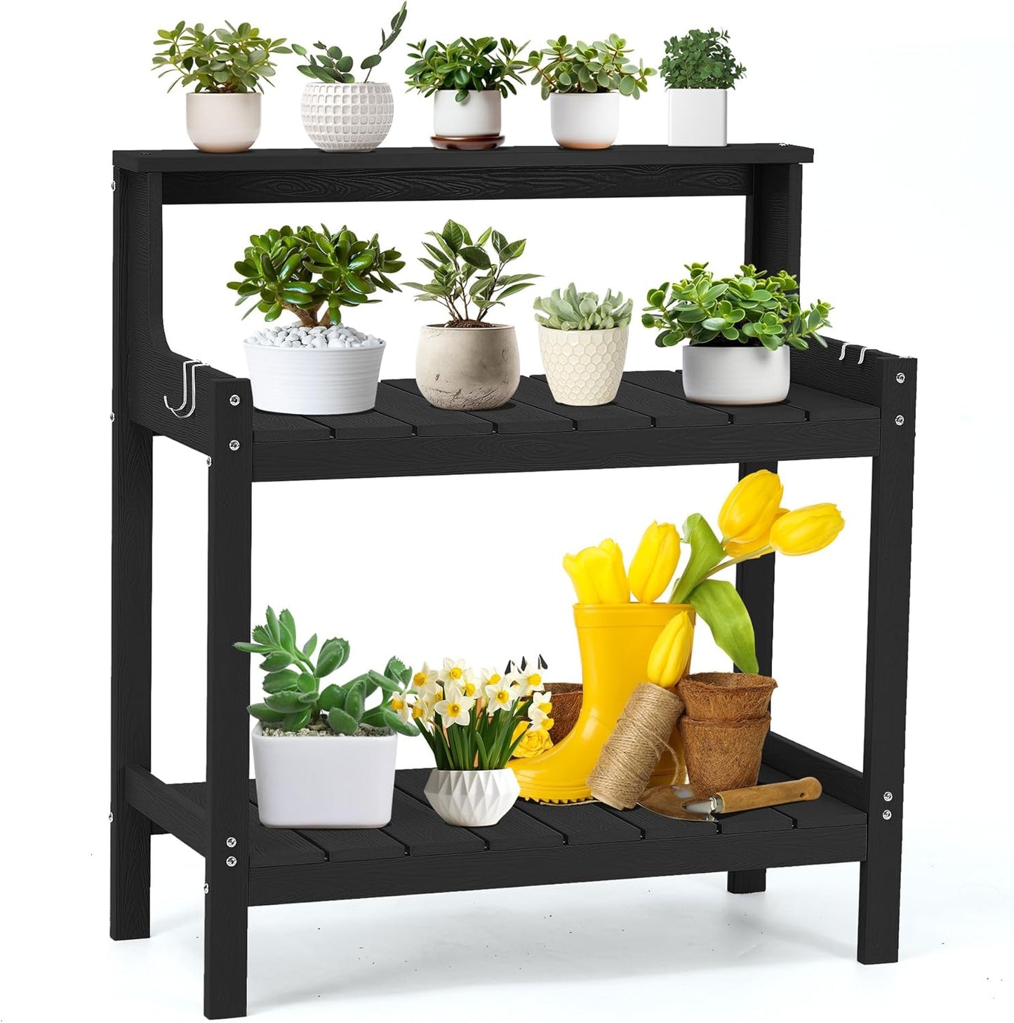 Outdoor Potting Bench HDPS Potting Table with 4 Side Hooks All-Weather Garden Table Work Station 360lbs Capacity Garden Potting Bench for Porch Black