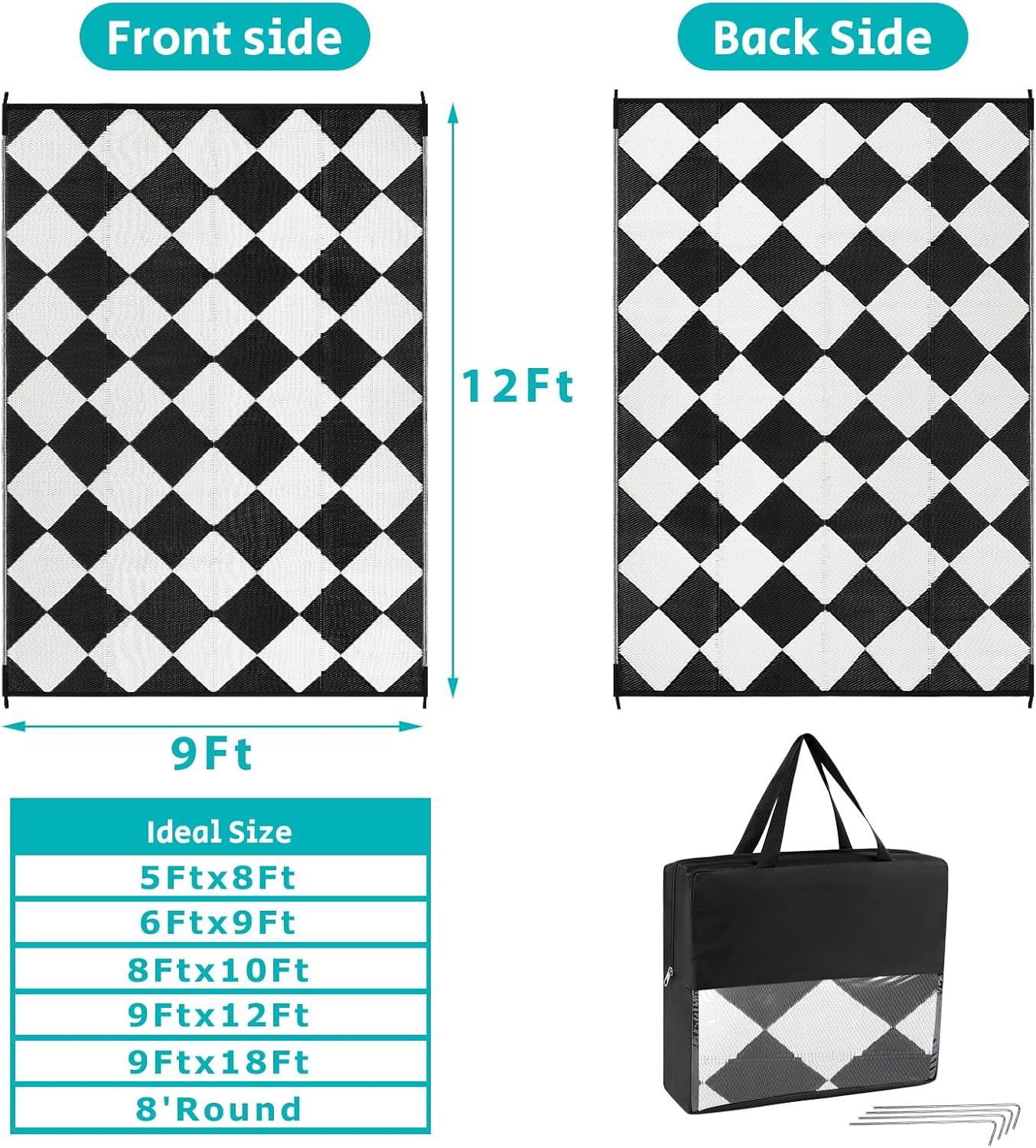 HEBE Outdoor Rug Waterproof 9x12, Reversible Plastic Straw Rug RV Camping Rug, Indoor Outdoor Patio Mat Clearance, Outside Carpet for Porch,Deck,Camper,Balcony,Backyard,Picnic