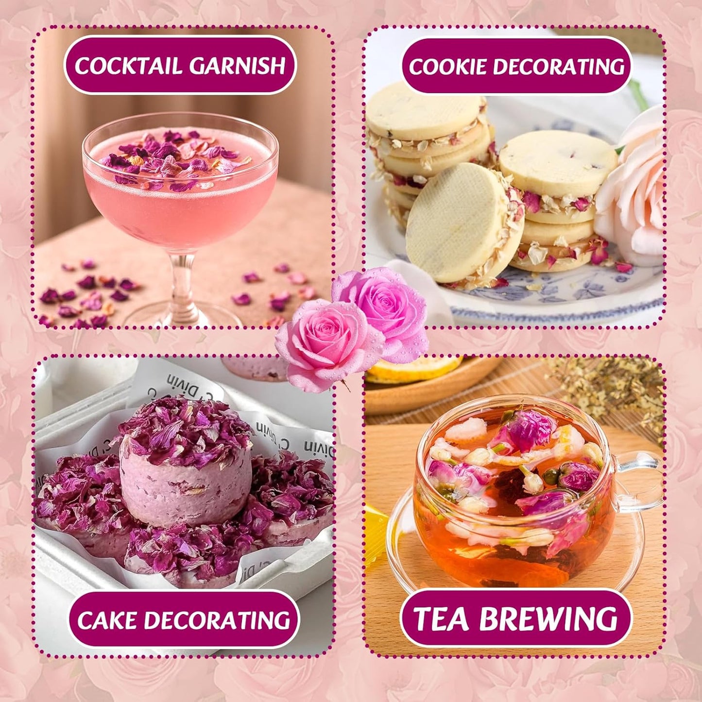 Fangkic Dried Rose Petals-1oz(28g) Dried Edible Flower Cake Decoration, Edible Rose Petal for Cocktails Drinks Baking Tea Soap & Candle Making, Gluten-Free, No Additives