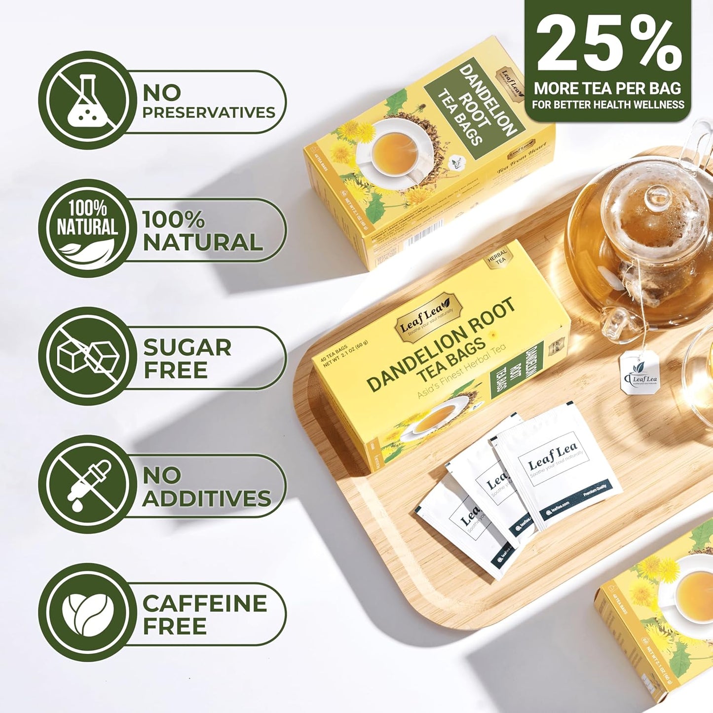 LeafLea Dandelion Root Tea Bags, 240 Count, Natural Dandelion Root Herbal Tea Blend, Supports Digestive and Immune Health, Caffeine-Free, Sugar-Free, Vegan, Gluten-Free, Pack of 6