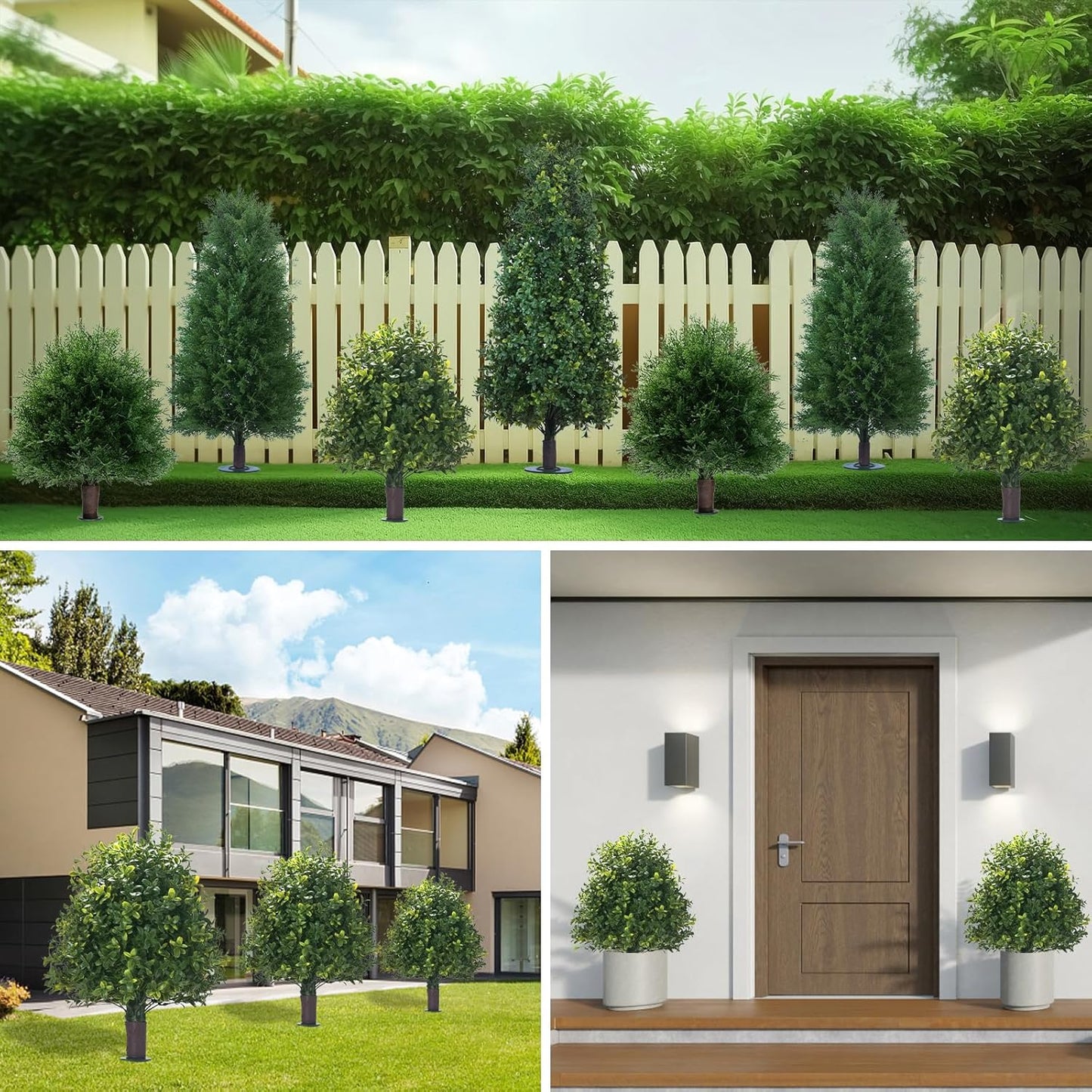 Artificial Boxwood Ball Trees with Ground Spike, 20" UV Resistant Artificial Shrubs, Fake Evergreen Artificial Plant Brush for Indoor Outdoor Front Porch Garden, 1 Pack