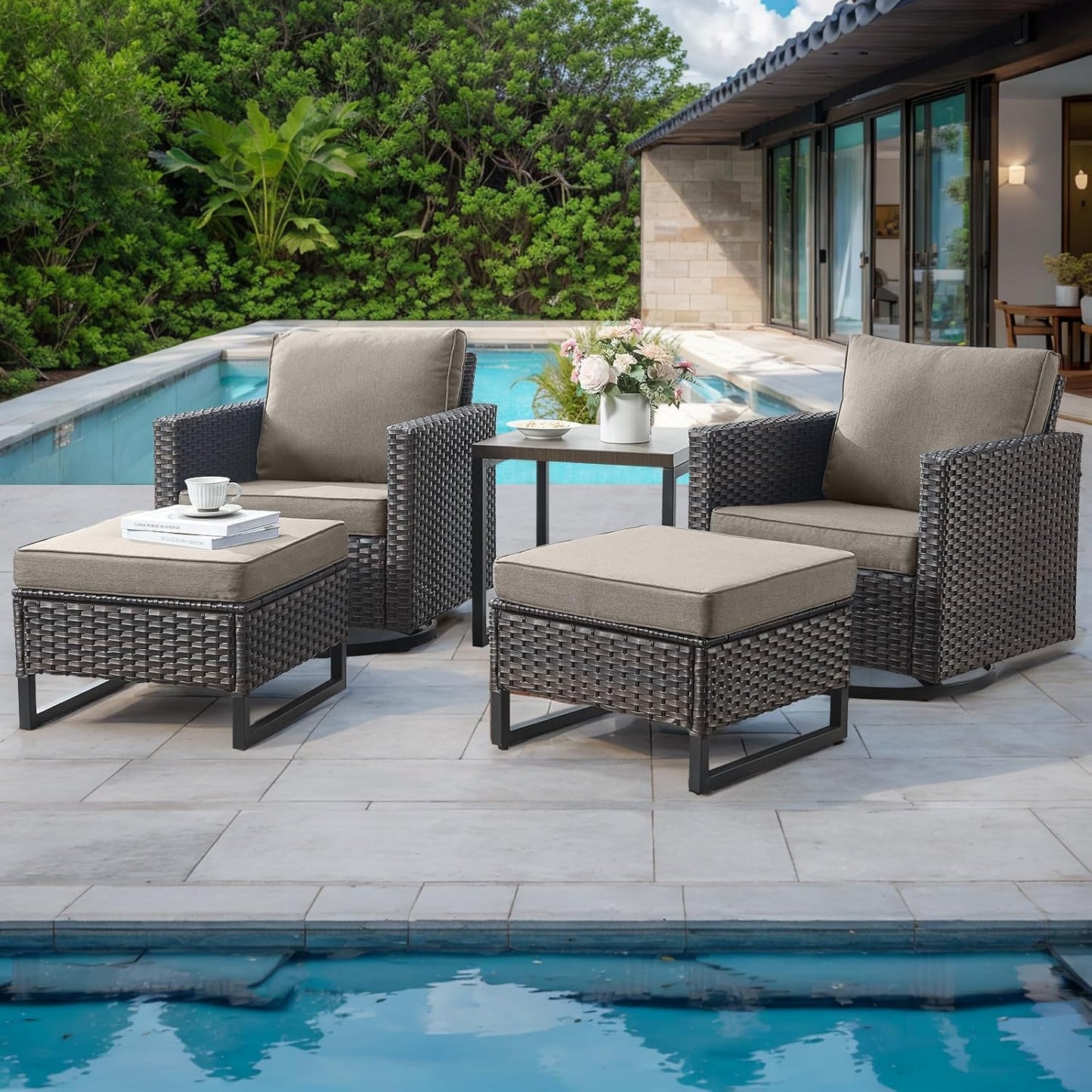 HUMMUH 5 Piece Patio Furniture Set All-Weather PE Wicker Outdoor Swivel Rocker Chairs Set of 2 with Ottomans Side Table for Patio,Porch,Garden,Backyard