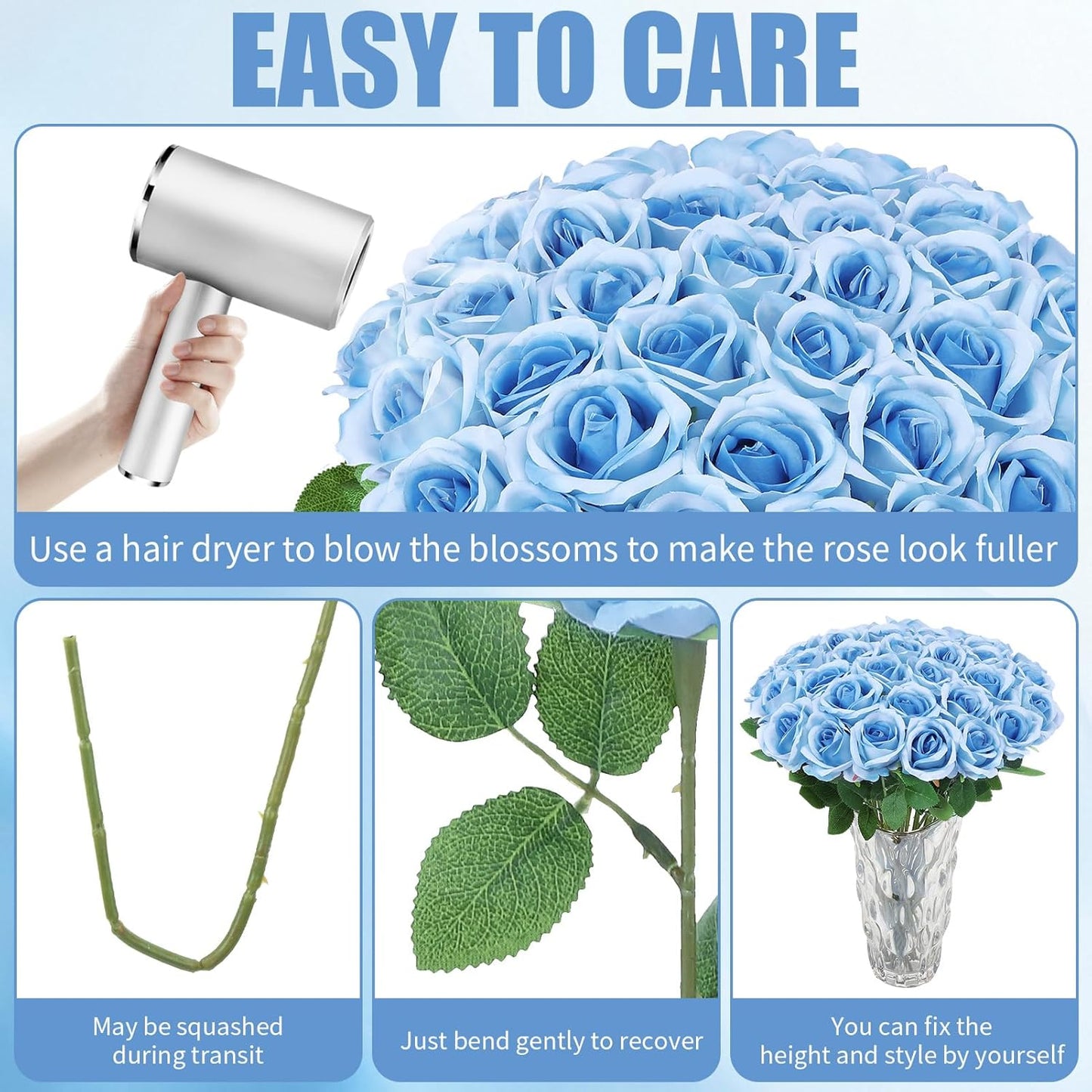 36 Pcs Sky Blue Artificial Roses with Long Stems, Blue Fake Silk Rose Artificial Flowers Bulk for Bridal Wedding Bouquet Centerpiece Ball Arrangement Party Decor