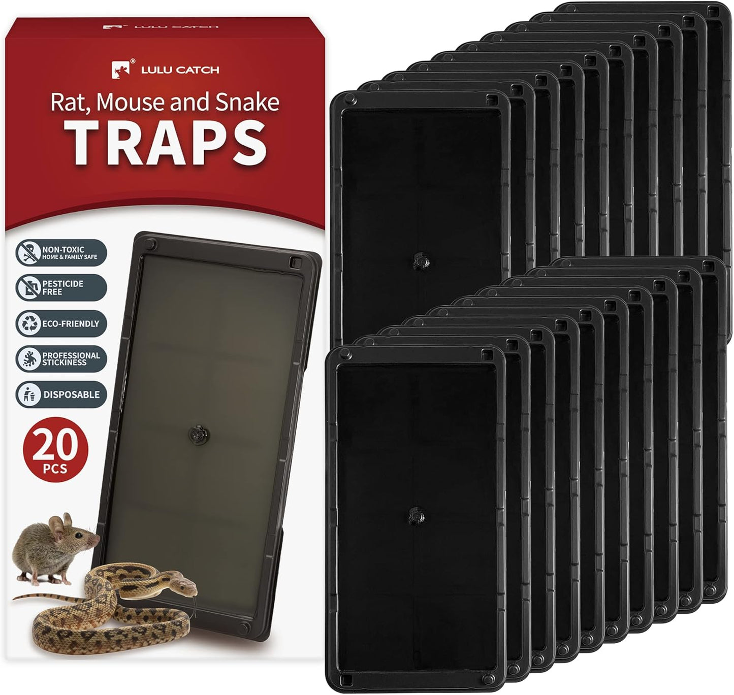 LULUCATCH Super Glue Traps 20 Pack for Mice & Snakes, Larger, Heavier Sticky Traps with Non-Toxic Glue. Sticky Mouse Traps Indoor, Easy to Set, Pet Safe Pest Control