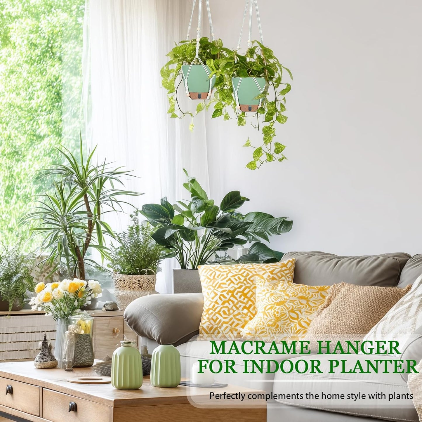 Hanging Planter for Indoor Plants 8 Inch, 2 Pack Self Watering Hanging Baskets for Plants, Hanging Flower Pots with Drainage Hole & 2 Kinds of Plant Hangers for Garden Home Decor (Green, 8 inch)