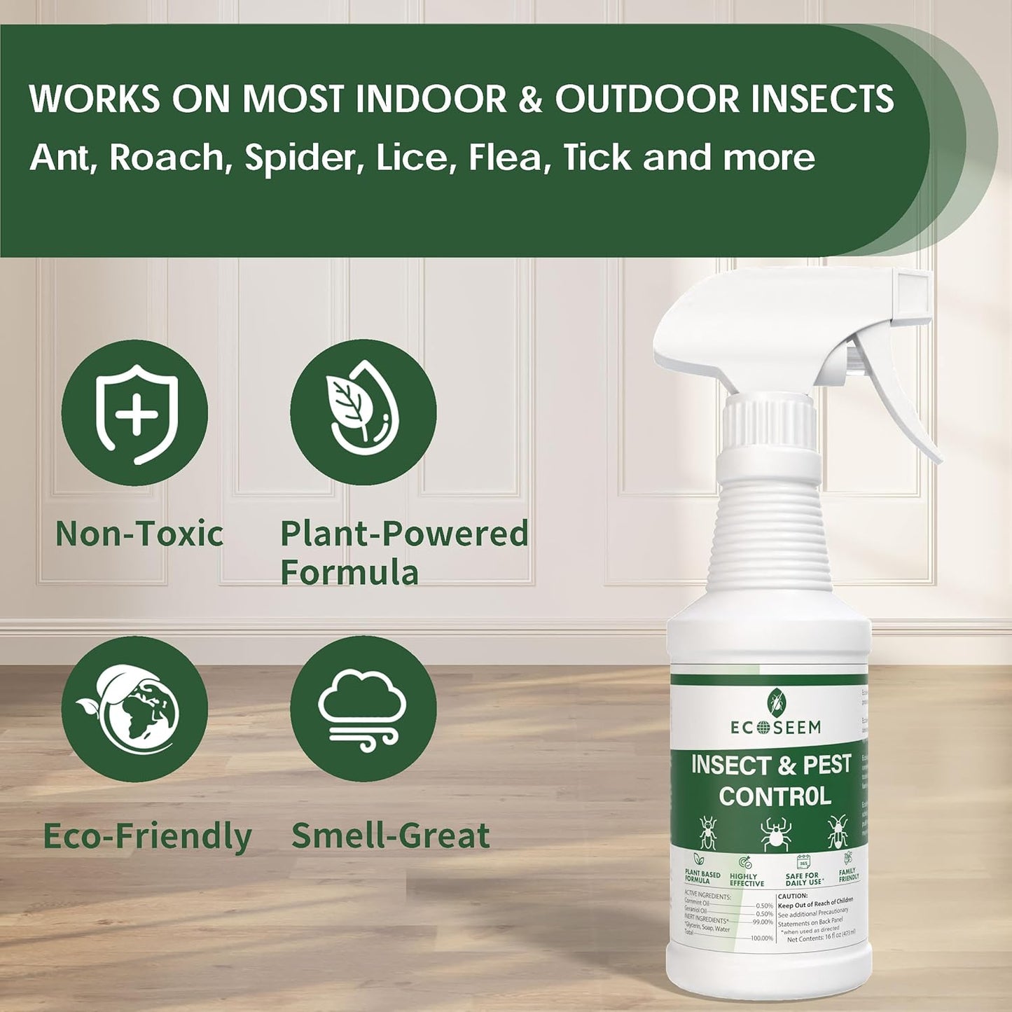 Insect & Pest Control Spray – Natural Essential - Bug Killer & Insect Repellent, Kills Ant, Spiders, Carpet Beetles, Roaches, Flies- Safe for Pets & Family, Indoor & Outdoor Use 16OZ