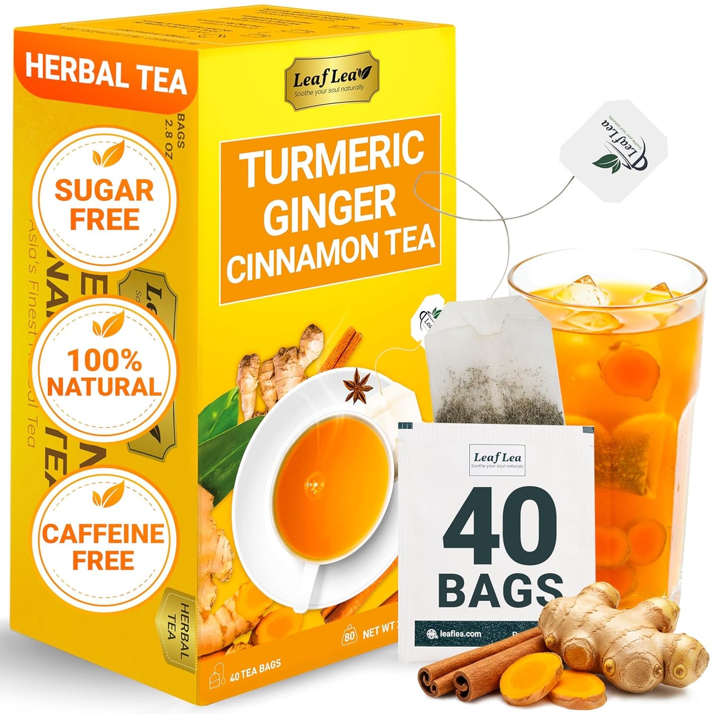 LeafLea 40 Turmeric Ginger Cinnamon Tea Bags, 100% Natural Ingredients Herbal Tea, Turmeric Ginger Herbal Blend for Wellness, Vegan, No Sugar, Caffeine-Free, Individually Wrapped for Freshness