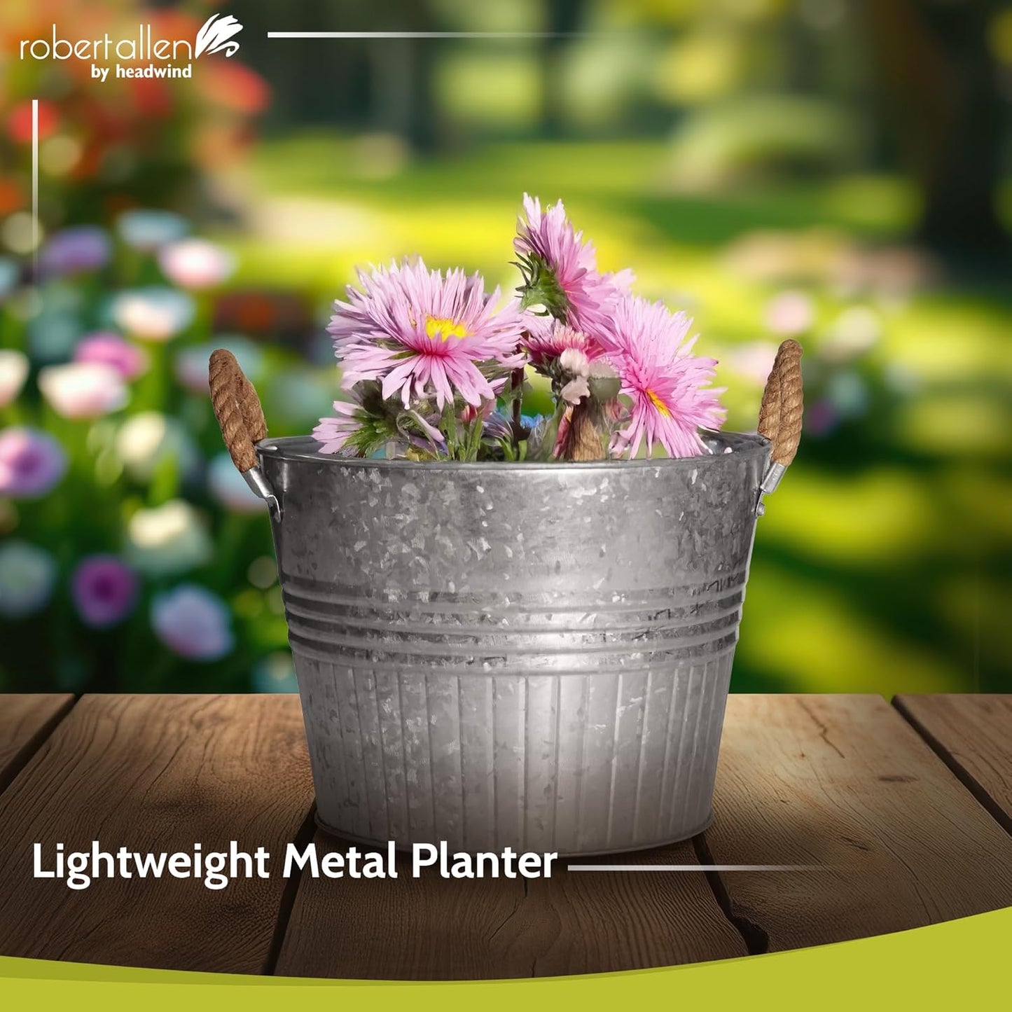 Headwind Round Galvanized Bucket w/Rope Handles – 8 Inch Metal Tub Bucket Planter for Outdoor Plants with Drainage Hole – Galvanized Large Outdoor Planters Buckets by Robert Allen