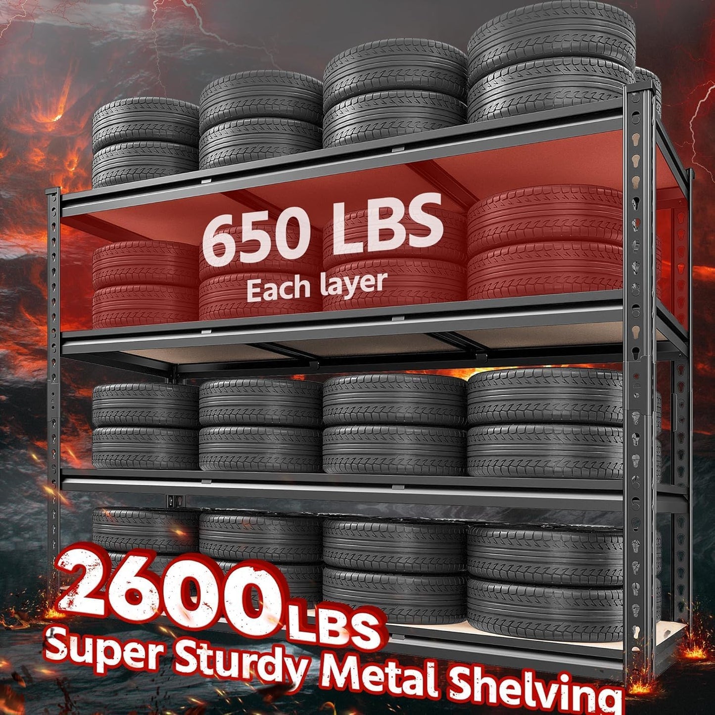 REIBII 48.2" W Garage Shelving, Storage Shelves Load 2600LBS, 4-Tier Adjustable Heavy Duty Metal Shelves for Warehouse, Pantry, Kitchen, 60.1" H X 48.2" W X 24" D, Black