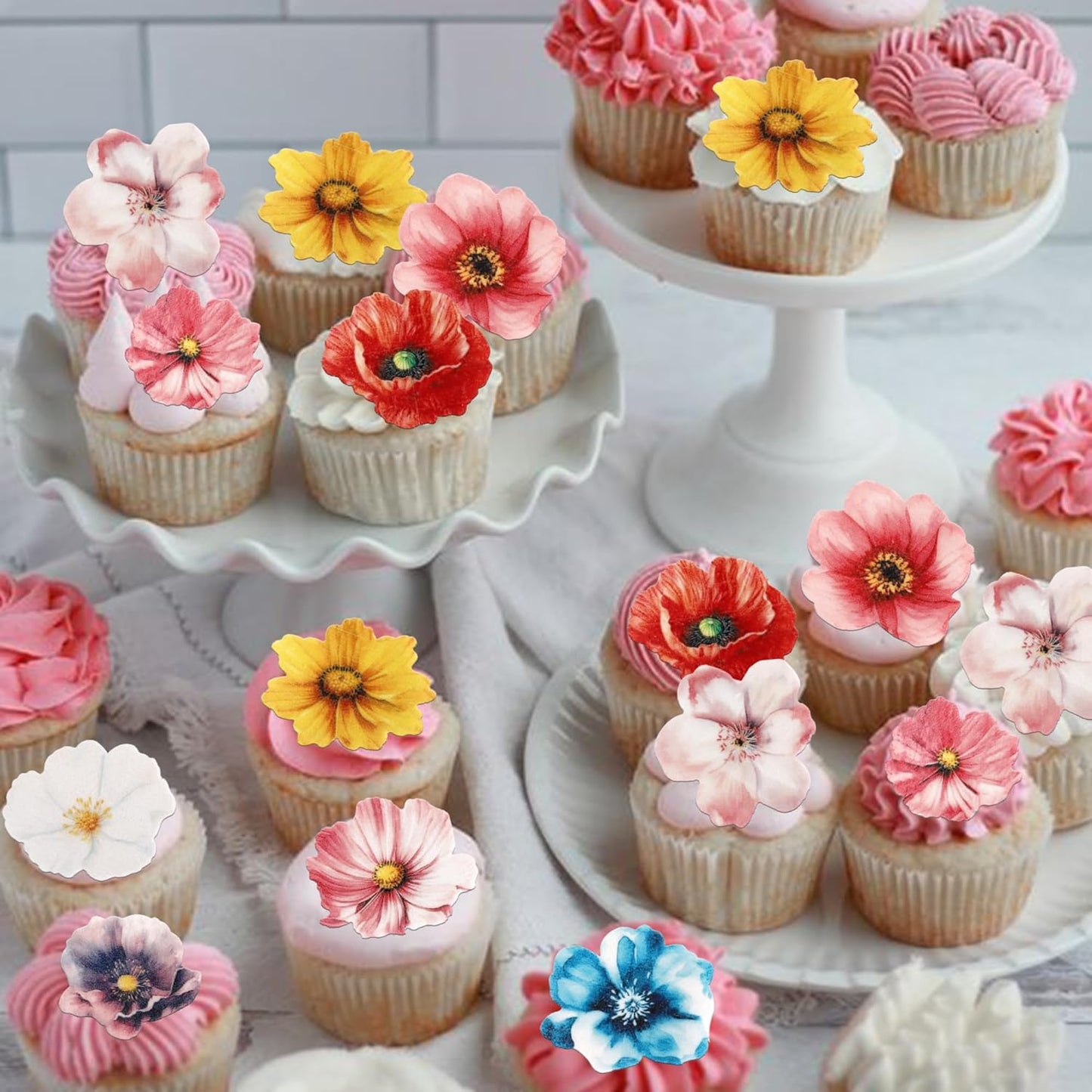 54 PCS Edible Flowers Cake Toppers Wafer Paper Flower Cupcake Toppers Hawaiian Edible Flowers Cake Decorations Mixed Size for Tropical Luau Themed Birthday Baby Shower Party Food Decor Supplies