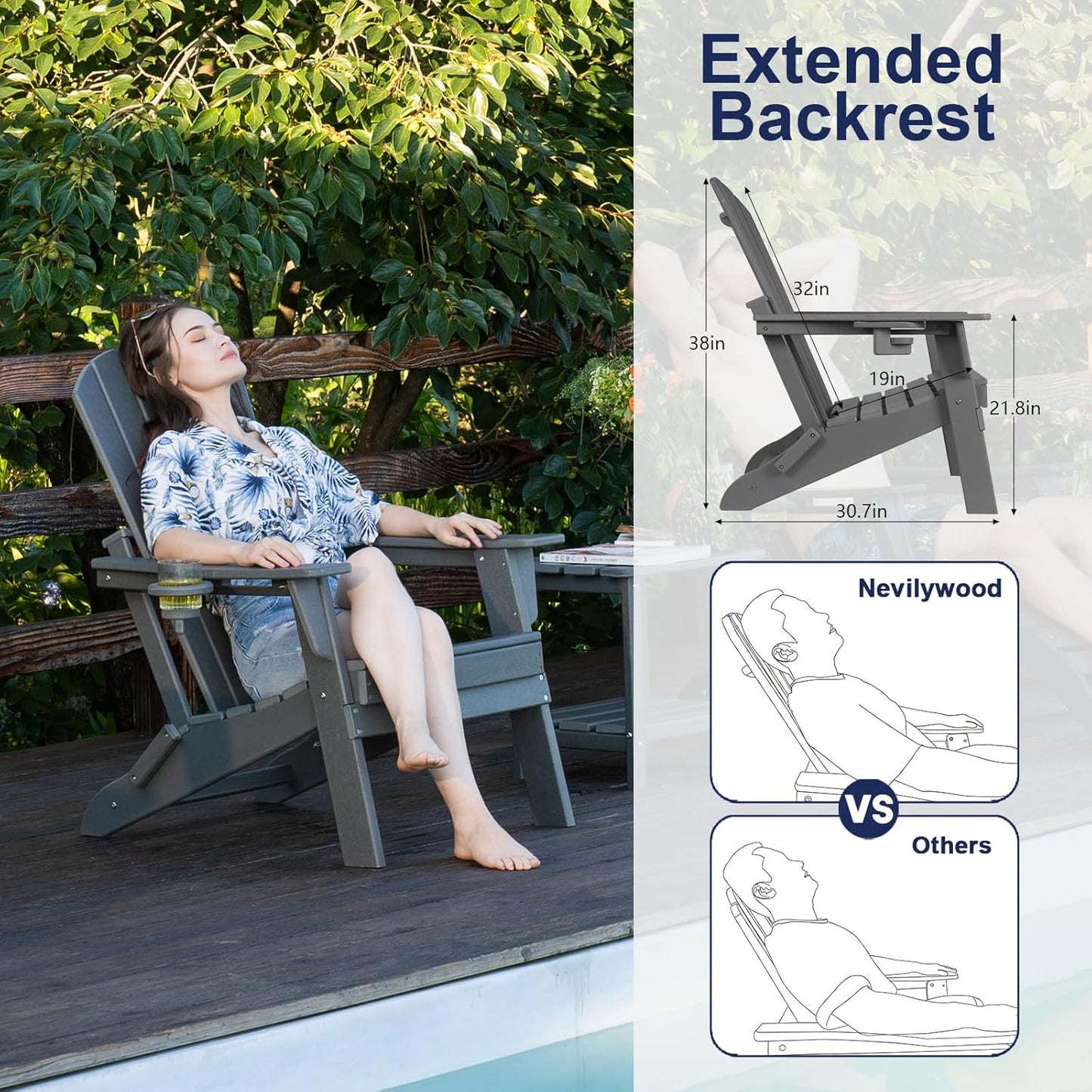 Folding Adirondack Chair with Cup Holder Set of 2, HDPE Patio Chairs,All-Weather Outdoor Chairs for Backyard, Deck,Fire Pit-Coffee