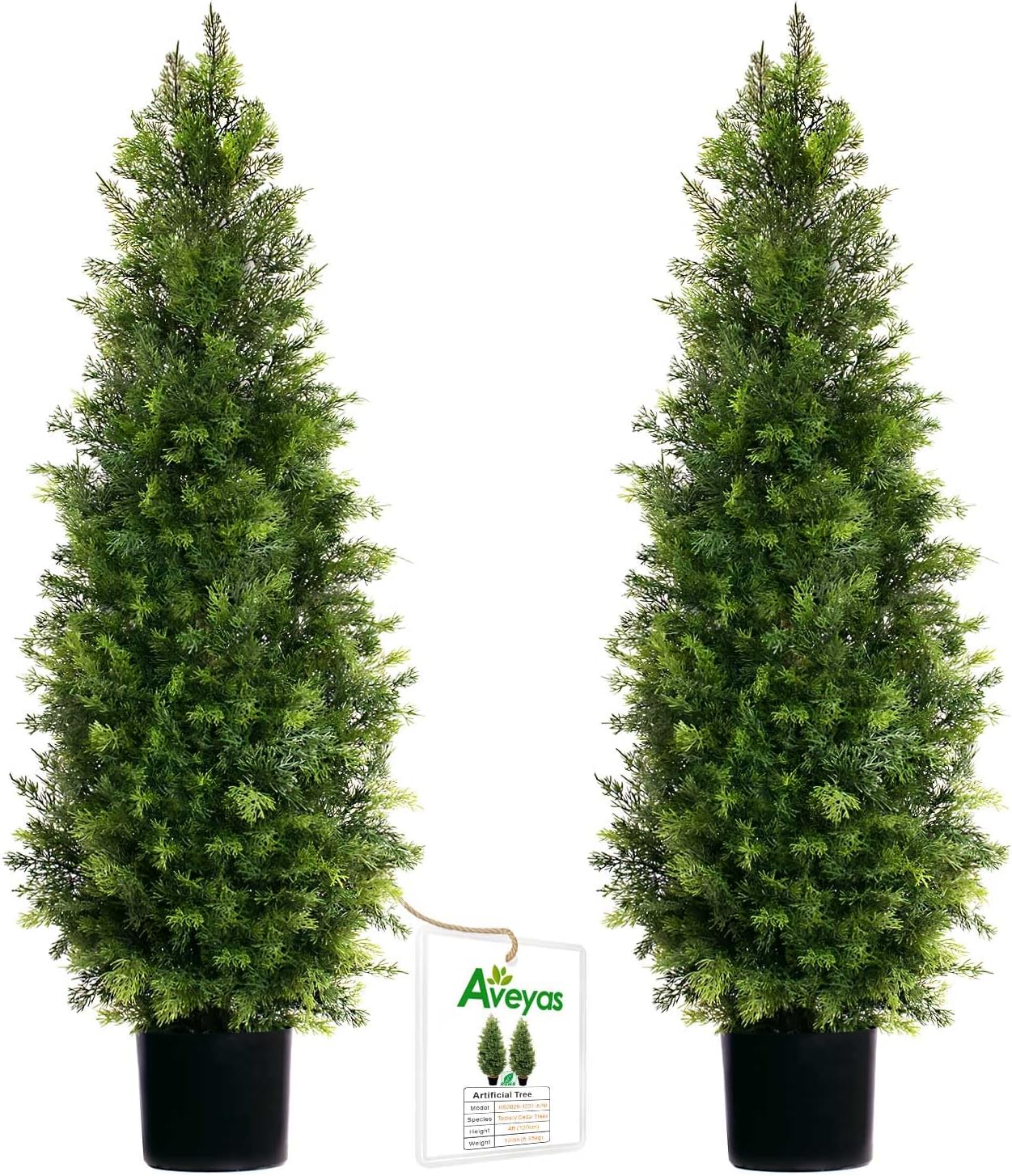 Aveyas 4ft Artificial Cedar Topiary Trees for Outdoor Front Porch Door, 4 Feet Faux Potted Plants Evergreen Fake Pine Cypress Tree for Outside Home Decor (4 ft Tall) - Set of 2 Pack