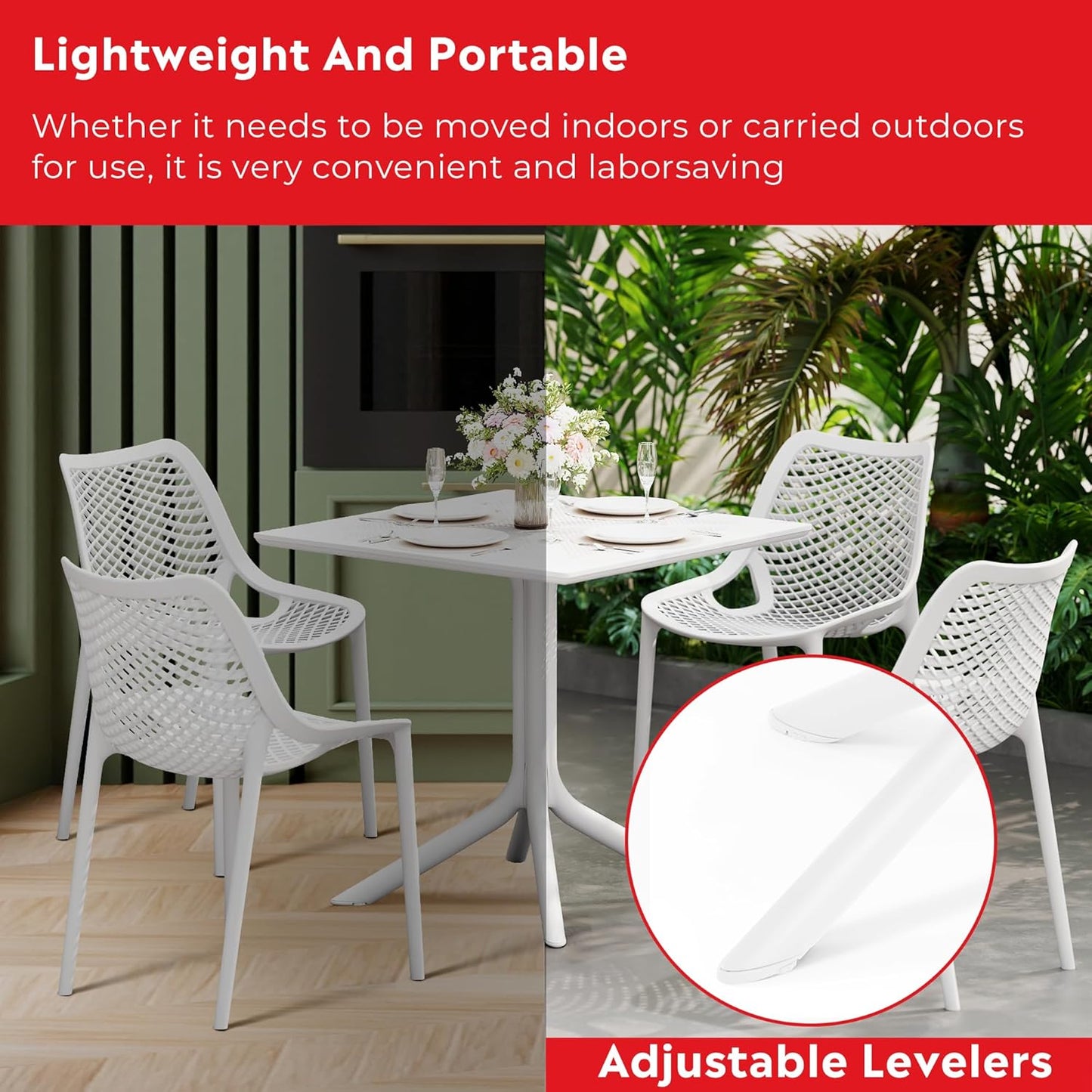 Table Chairs Set of 4, HDPE Patio Square Dining Table and Stackable Chairs, Outdoor Small Patio Furniture Set All Weather for Backyard Porch Poolside, White