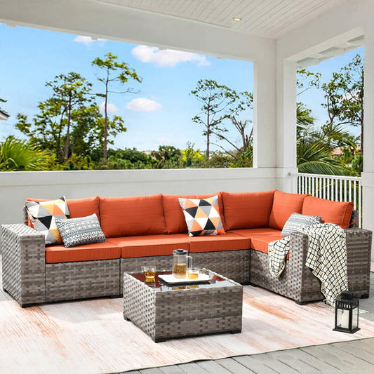 HOOOWOOO Modular Patio Outdoor Sectional Furniture Set,6 Piece Wicker Conversation Sofa Set,Out Door Couch Set with Wide Arm for Outside All Weather(Orange Red)