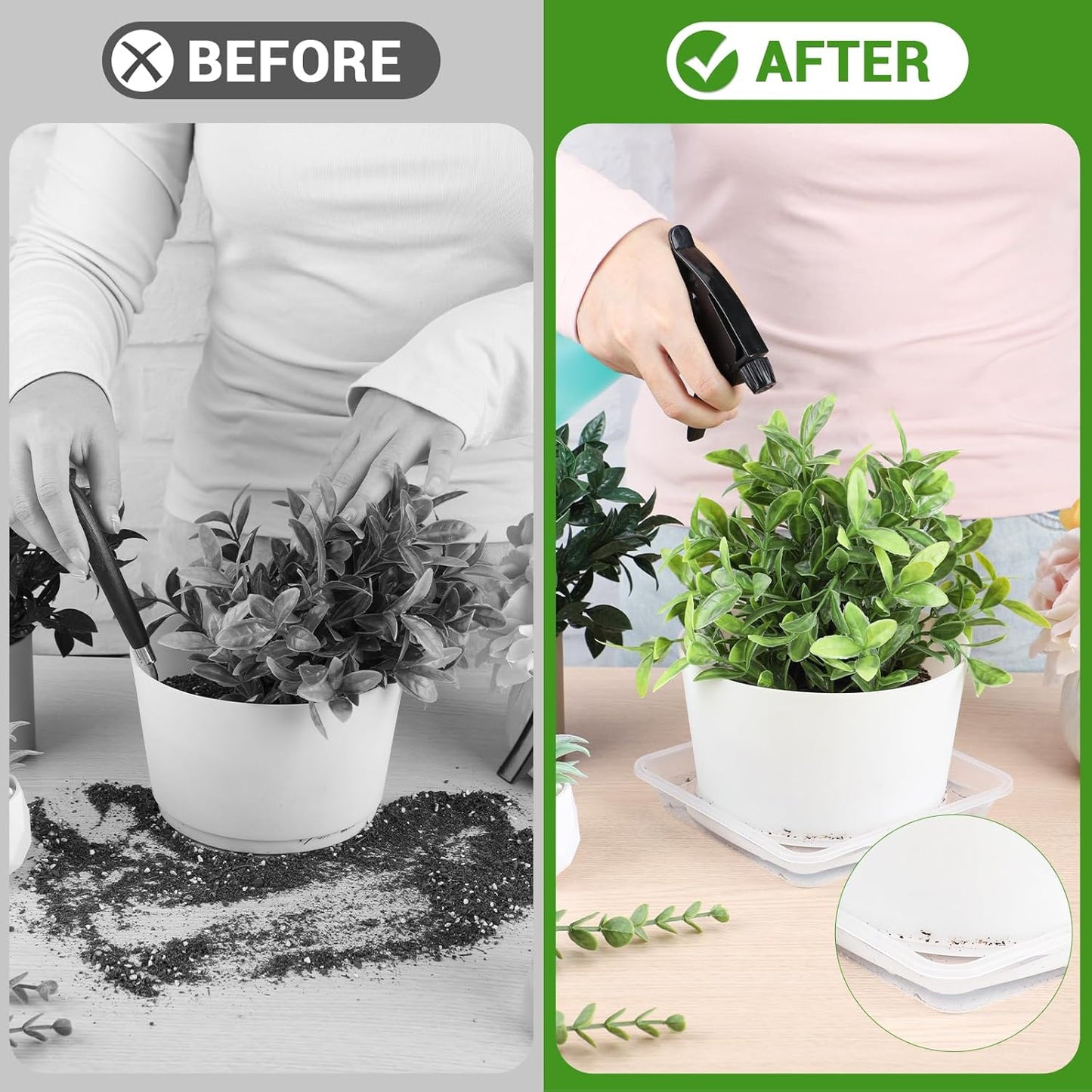 GREANER 10 Inch Large Plant Tray, 6 Packs Square Plant Pot Saucer, Durable Thick Watering Trays for Plants, Plastic Plant Tray for Outdoor Indoor Garden Supplies(Clear)